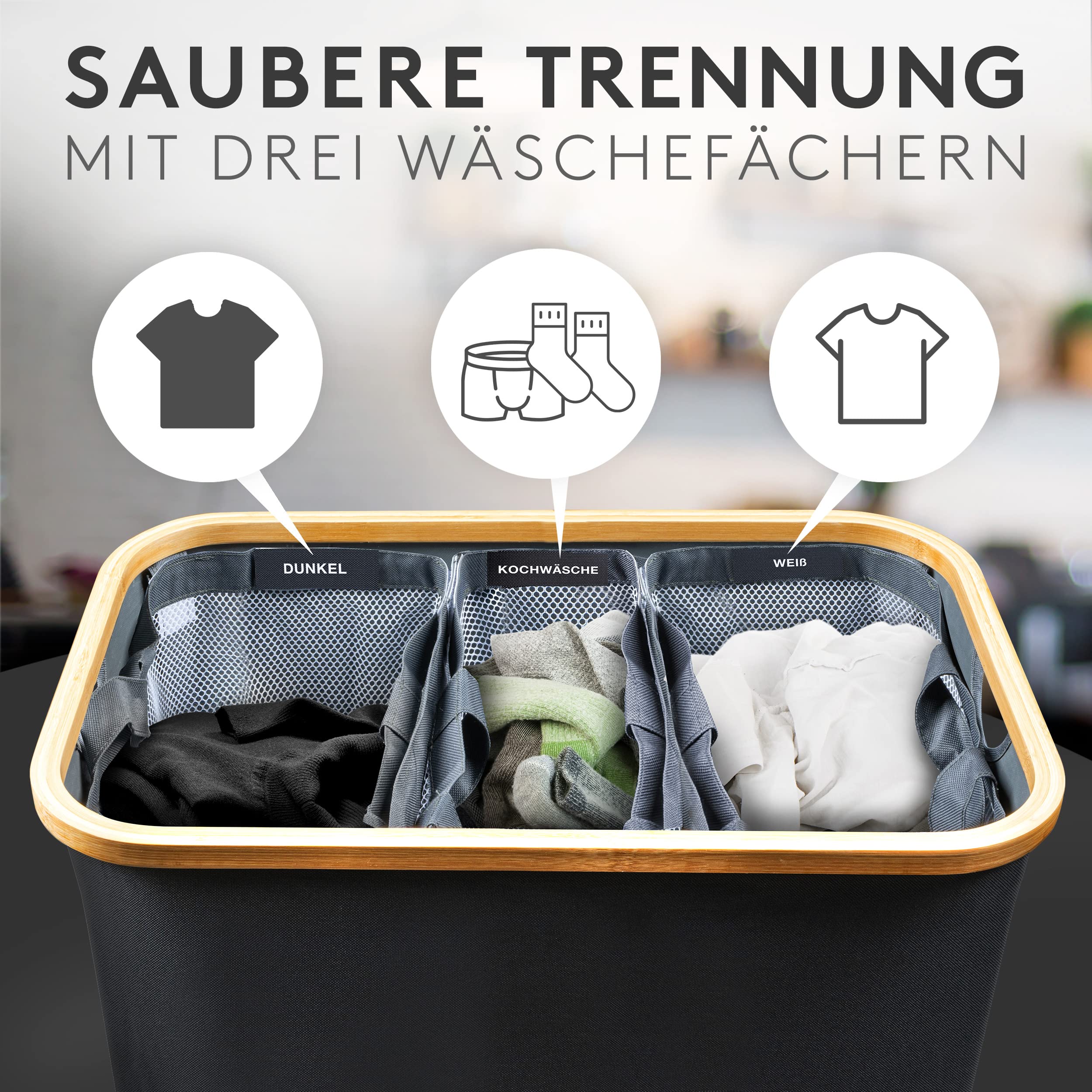 FALKENWERK Wäschekorb mit Deckel 145L - Wasserabweisender Wäschesammler 3 Fächer & herausnehmbaren Wäschesäcke - Faltbare Wäschebox mit Waschhinweisen - Wäschekorb 3 Fächer - Image 3