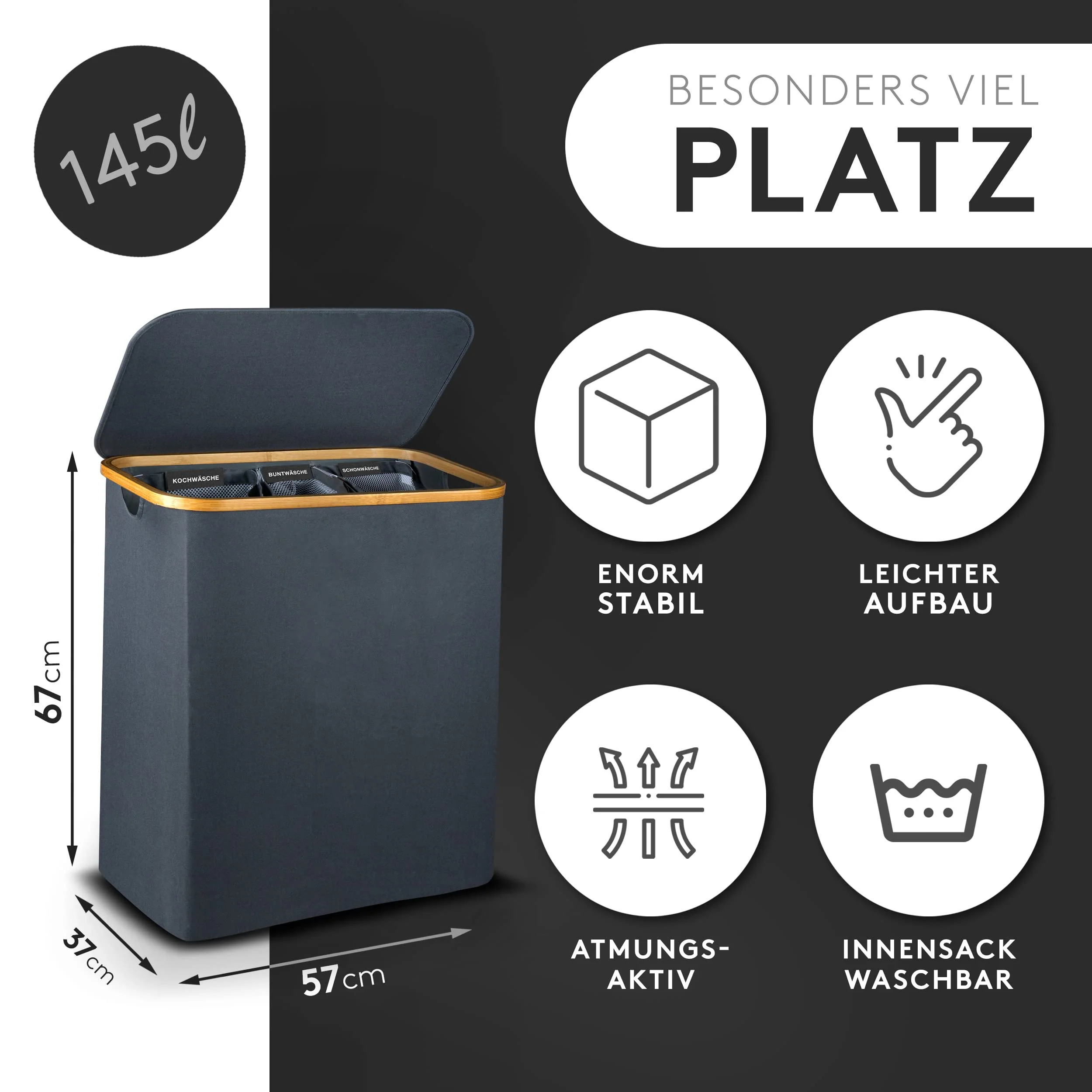 FALKENWERK Wäschekorb mit Deckel 145L - Wasserabweisender Wäschesammler 3 Fächer & herausnehmbaren Wäschesäcke - Faltbare Wäschebox mit Waschhinweisen - Wäschekorb 3 Fächer - Image 4