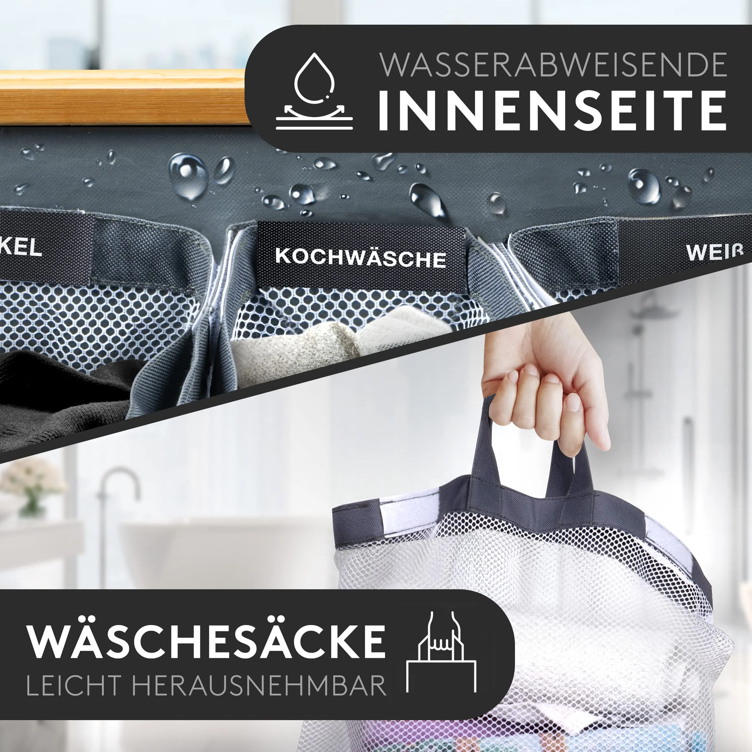 FALKENWERK Wäschekorb mit Deckel 145L - Wasserabweisender Wäschesammler 3 Fächer & herausnehmbaren Wäschesäcke - Faltbare Wäschebox mit Waschhinweisen - Wäschekorb 3 Fächer - Image 8