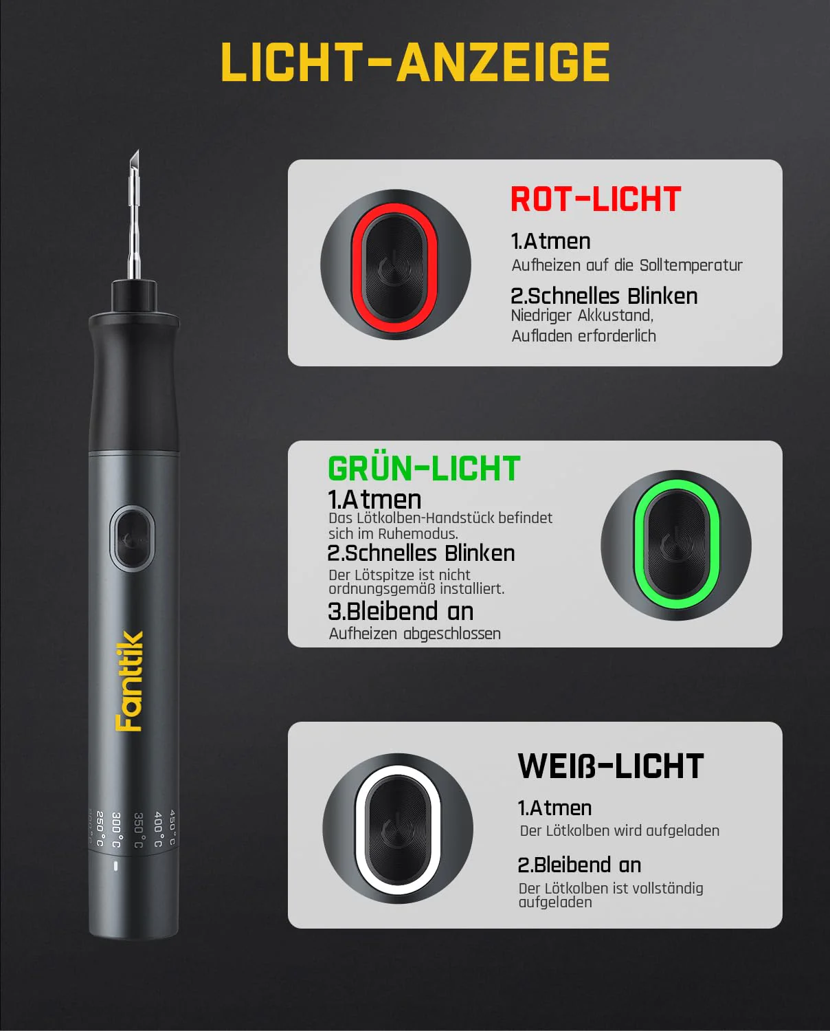 Fanttik T1 Max Präzisions Lötkolben Set, kabelloser Lötkolben, 7 Sek. schnelles Aufheizen,6 Temperatur Einstellbar 200~450 ℃, 4 Lötspitzen (C210), 360° drehbarer Ständer, Lötkolben für Reparaturen