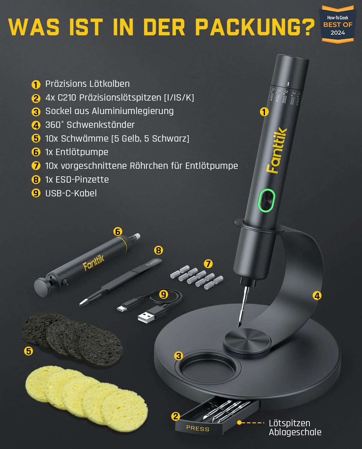 Fanttik T1 Max Präzisions Lötkolben Set, kabelloser Lötkolben, 7 Sek. schnelles Aufheizen,6 Temperatur Einstellbar 200~450 ℃, 4 Lötspitzen (C210), 360° drehbarer Ständer, Lötkolben für Reparaturen - Image 5