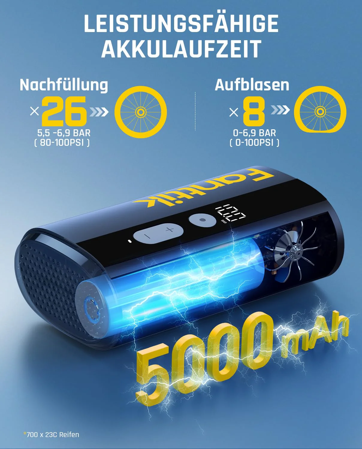 Fanttik X9 Ace Mini Fahrradpumpe, Akku Kompressor, 32s Schnellaufblasbare Elektrische Fahrradpumpe, 150 PSI Luftpumpe mit Presta- und Schrader-Ventil, für Rennrad, Mountainbike, E-Bike, Stadtrad - Image 3