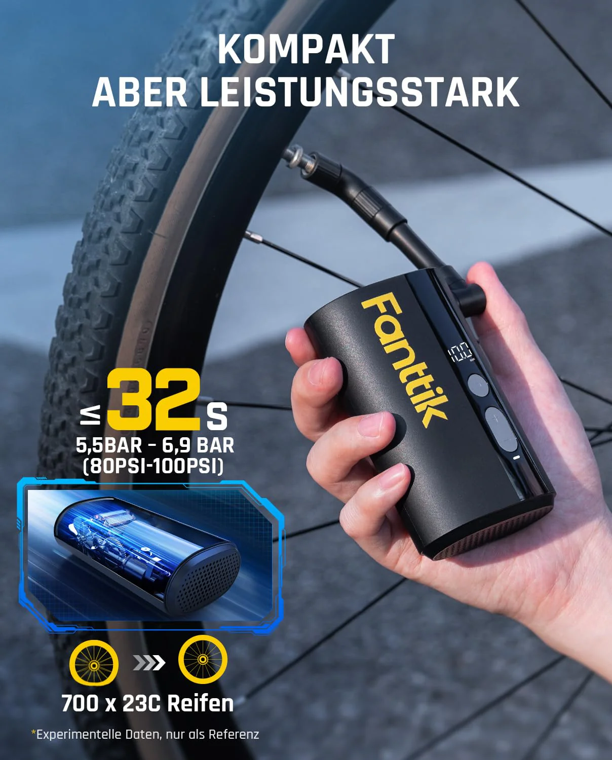 Fanttik X9 Ace Mini Fahrradpumpe, Akku Kompressor, 32s Schnellaufblasbare Elektrische Fahrradpumpe, 150 PSI Luftpumpe mit Presta- und Schrader-Ventil, für Rennrad, Mountainbike, E-Bike, Stadtrad - Image 5