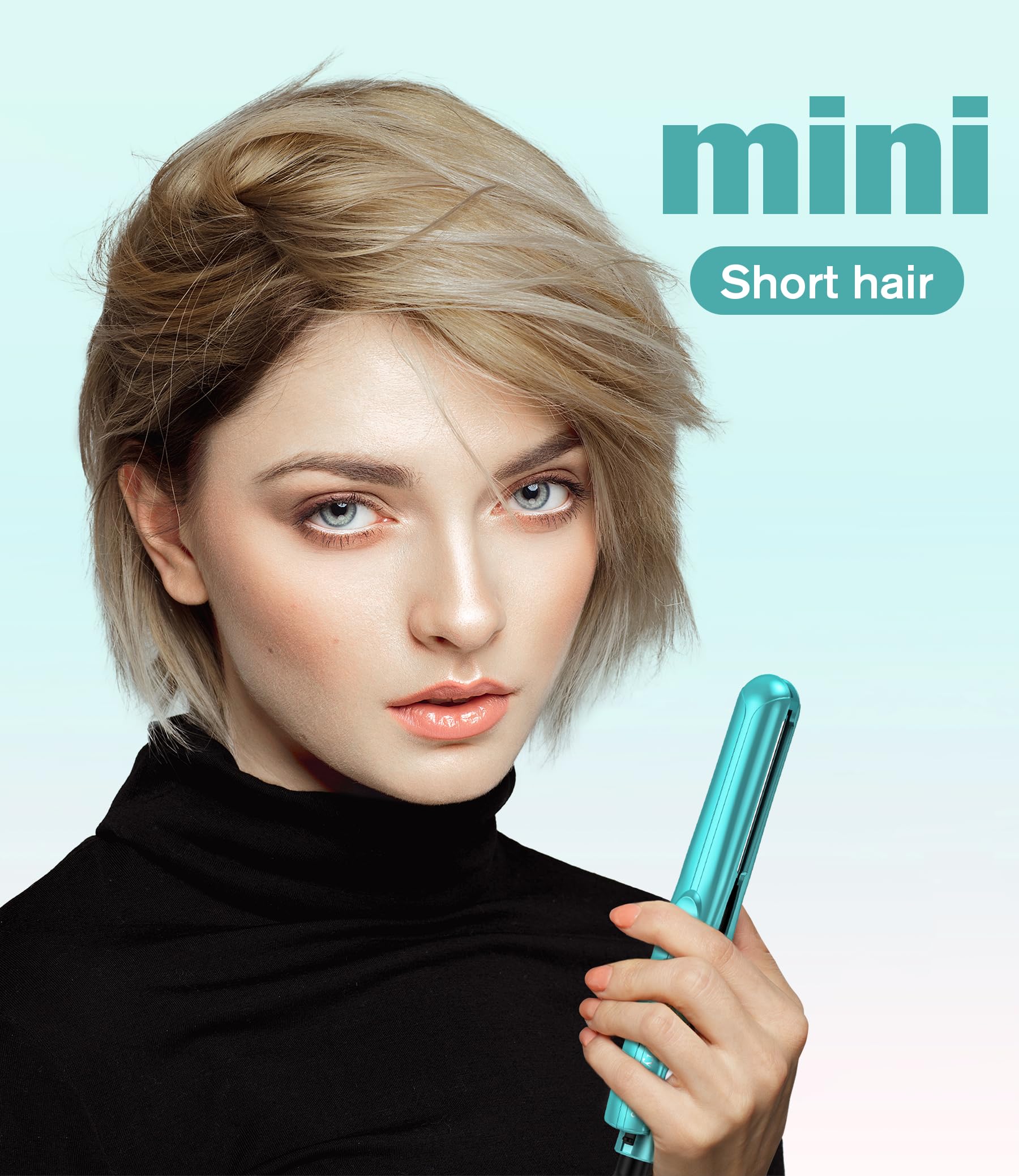 Farery Mini-Haarglätter, Keramik-Mini-Glätteisen für kurzes Haar/Locken, Pony, leicht und tragbar, kleine Glätteisen, weltweite Spannung für Reisen, Aufbewahrungstasche, blau - Image 2