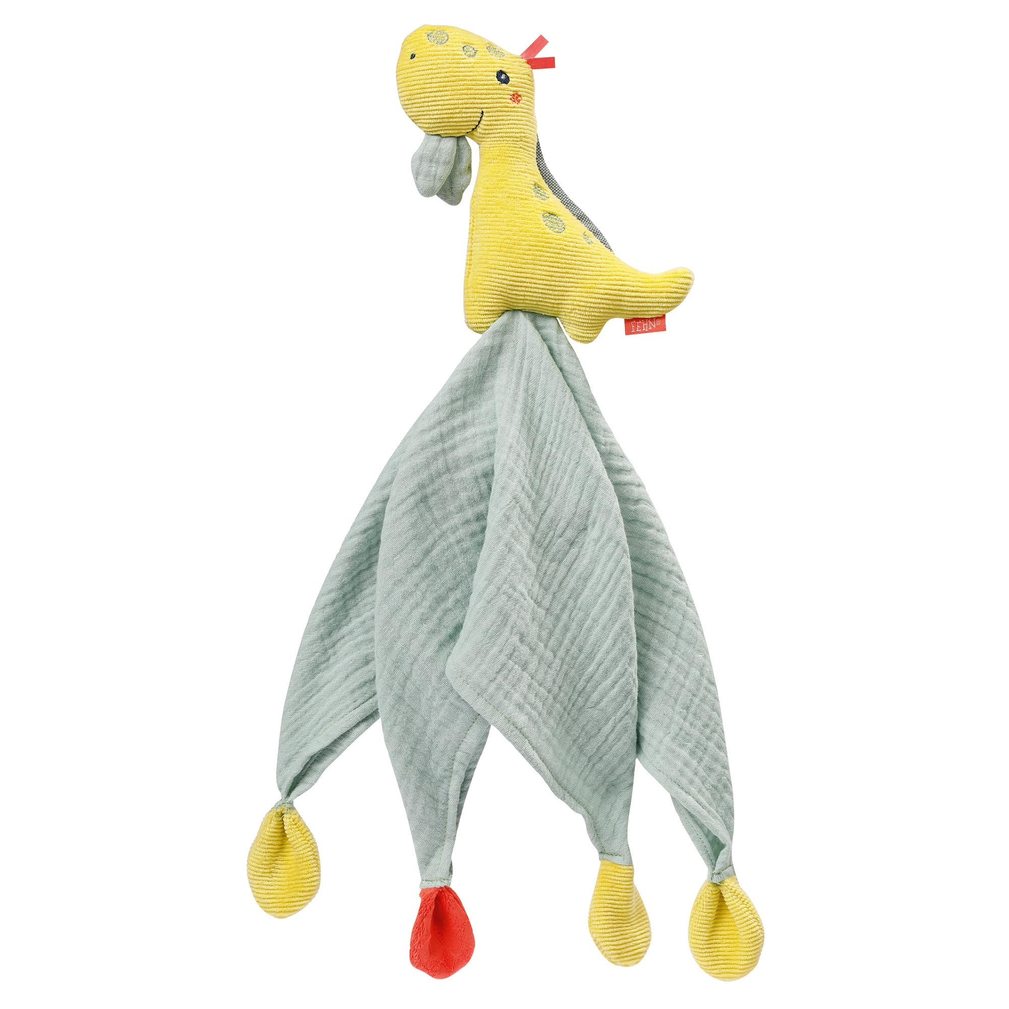 Fehn 051032 Schmusetuch Dino – Spielkamerad, Einschlafhilfe & Stofftier-Schnuffeltuch mit Baumwolle-Musselintuch & Spielfigur zum Knuddeln, Greifen & Liebhaben – für Babys & Kleinkinder ab 0+ Monaten