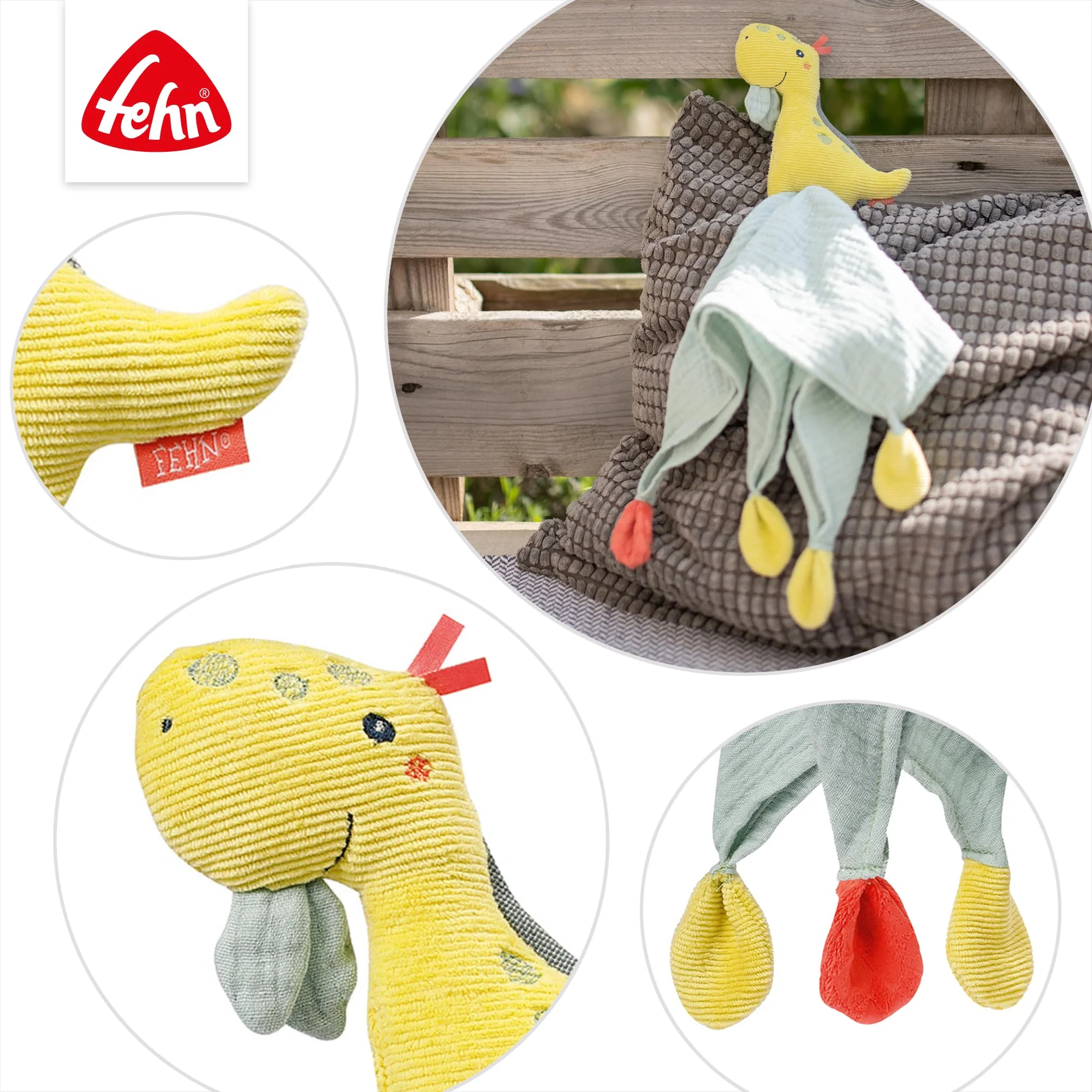 Fehn 051032 Schmusetuch Dino – Spielkamerad, Einschlafhilfe & Stofftier-Schnuffeltuch mit Baumwolle-Musselintuch & Spielfigur zum Knuddeln, Greifen & Liebhaben – für Babys & Kleinkinder ab 0+ Monaten - Image 4