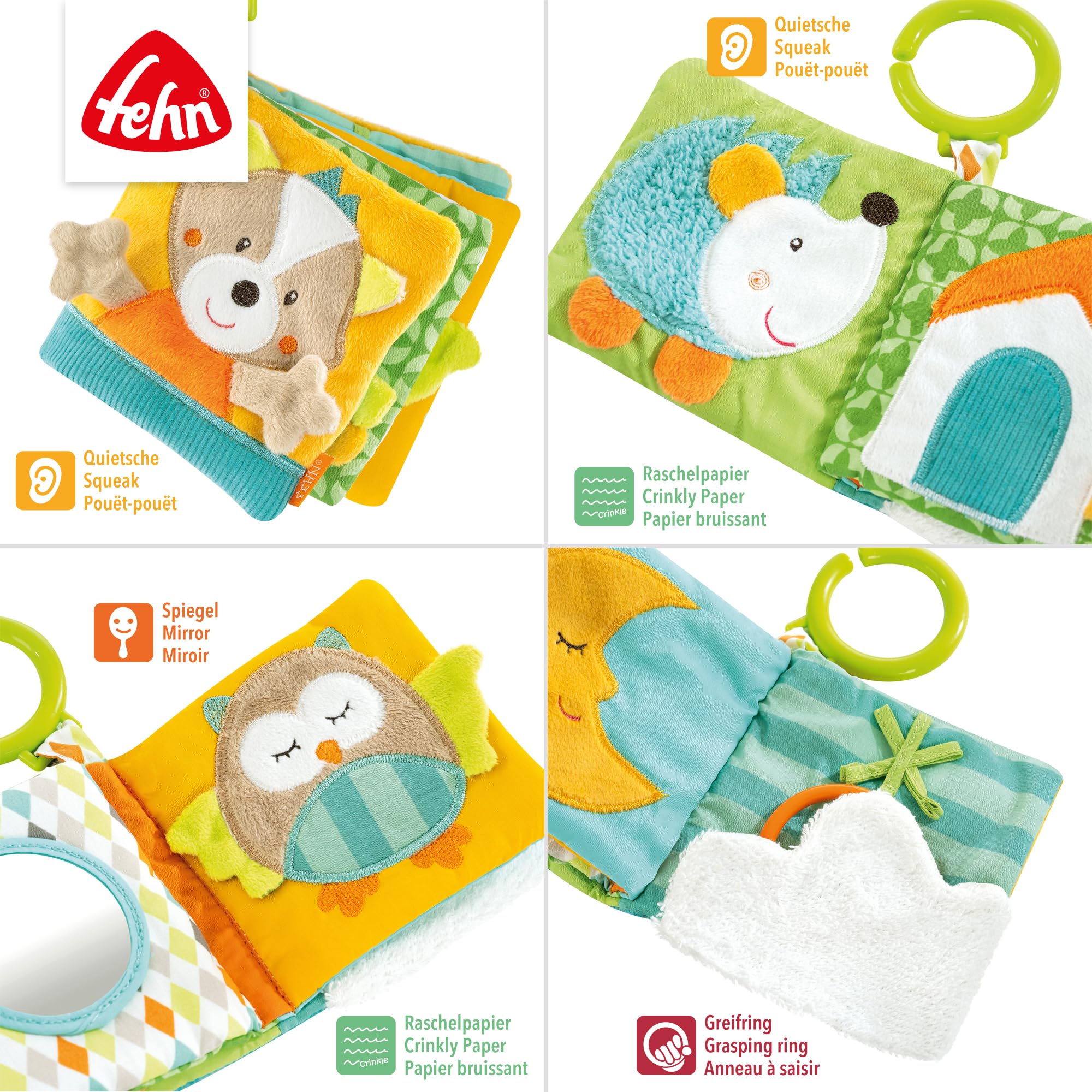 Fehn 071139 Soft-Bilderbuch Fuchs – Fühlbuch aus Stoff mit Waldtier Motiven - 8 Seiten mit Quietsche, Raschelpapier und Spiegel für Babys und Kleinkinder ab 0+ Monaten – Maße: 11x11cm - Image 5