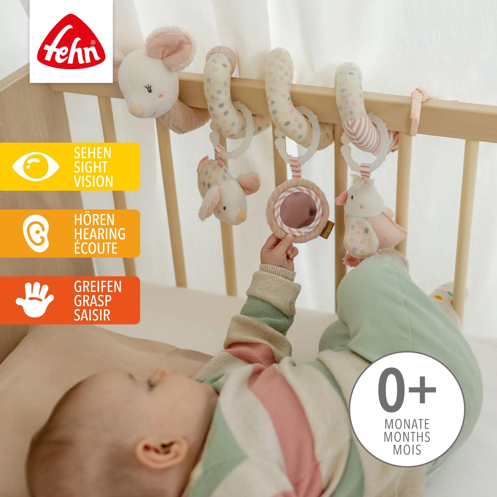 Fehn Activity-Spirale Maus – Motorikspielzeug mit Lernfunktionen zum Tasten, Fühlen, Spielen – Stoff-Spirale fördert Greifen, Tastsinn & Motorik – für zuhause & unterwegs, für Babys ab Geburt - Image 6