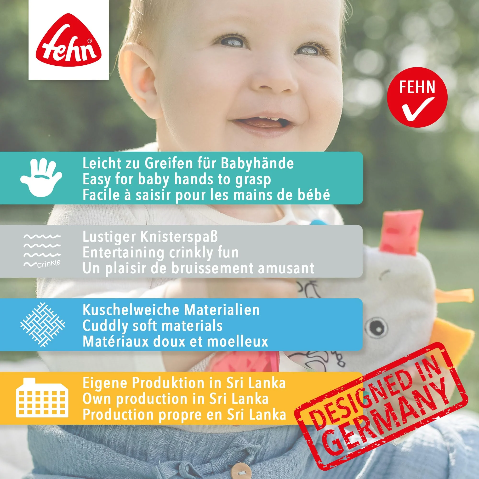 Fehn Knister-Fisch – Activity-Rascheltier zum Fühlen, Greifen, Lauschen, Spielen & Geräusche erzeugen – Spieltier fördert Babys Sinne & Motorik – Spielzeug für Babys und Kinder ab 0+ Monaten - Image 2