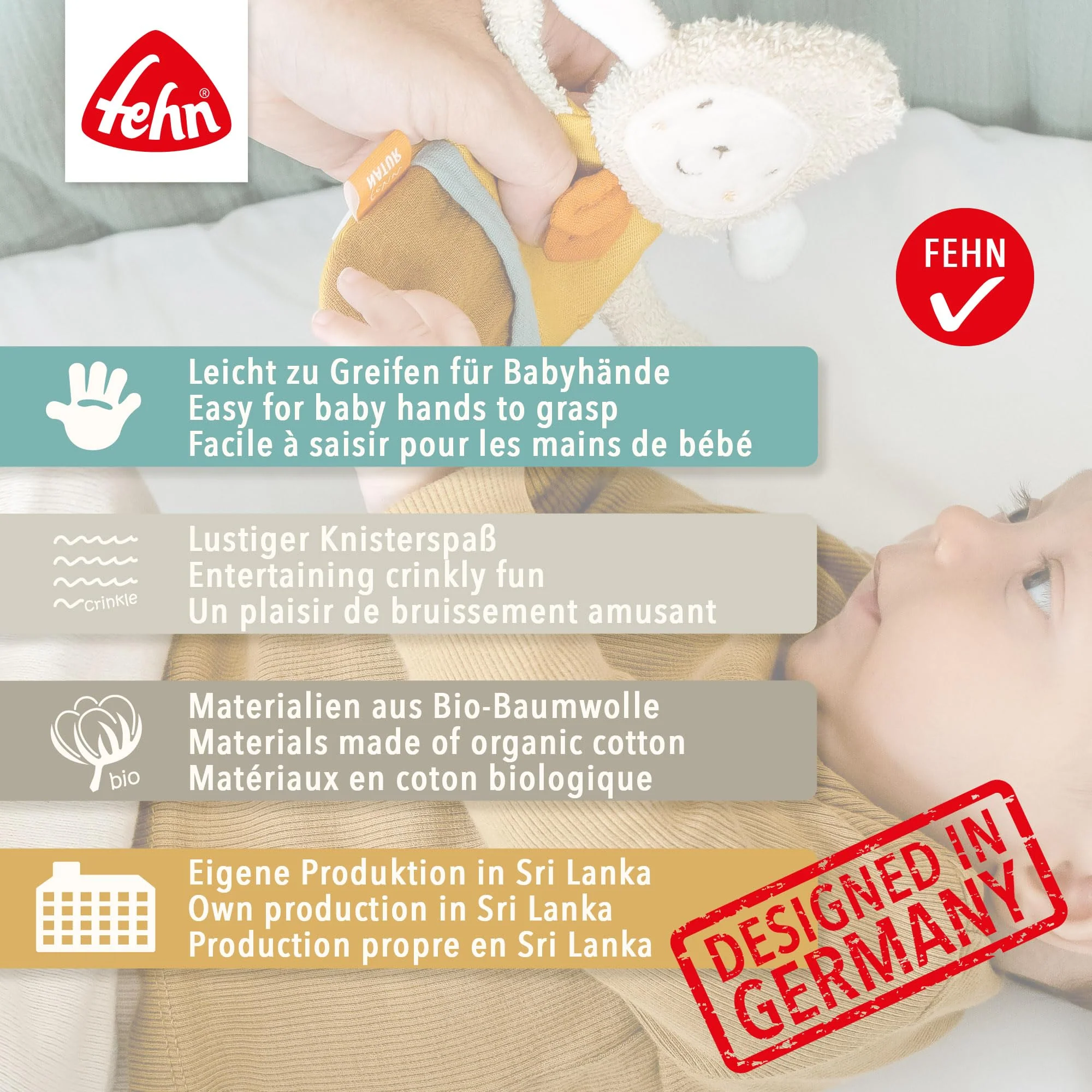Fehn Knister Teddybär fehnNATUR - Activity Baby Raschel Spielzeug aus Baumwolle aus biologischem Anbau - zum Greifen und Spielen - Babyspielzeug - Motorikspielzeug für Kleinkinder ab 0+ Monaten - Image 2
