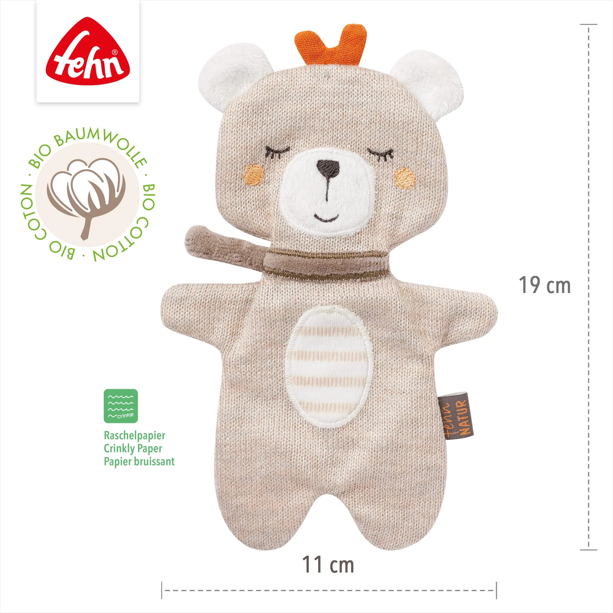 Fehn Knister Teddybär fehnNATUR - Activity Baby Raschel Spielzeug aus Baumwolle aus biologischem Anbau - zum Greifen und Spielen - Babyspielzeug - Motorikspielzeug für Kleinkinder ab 0+ Monaten - Image 3