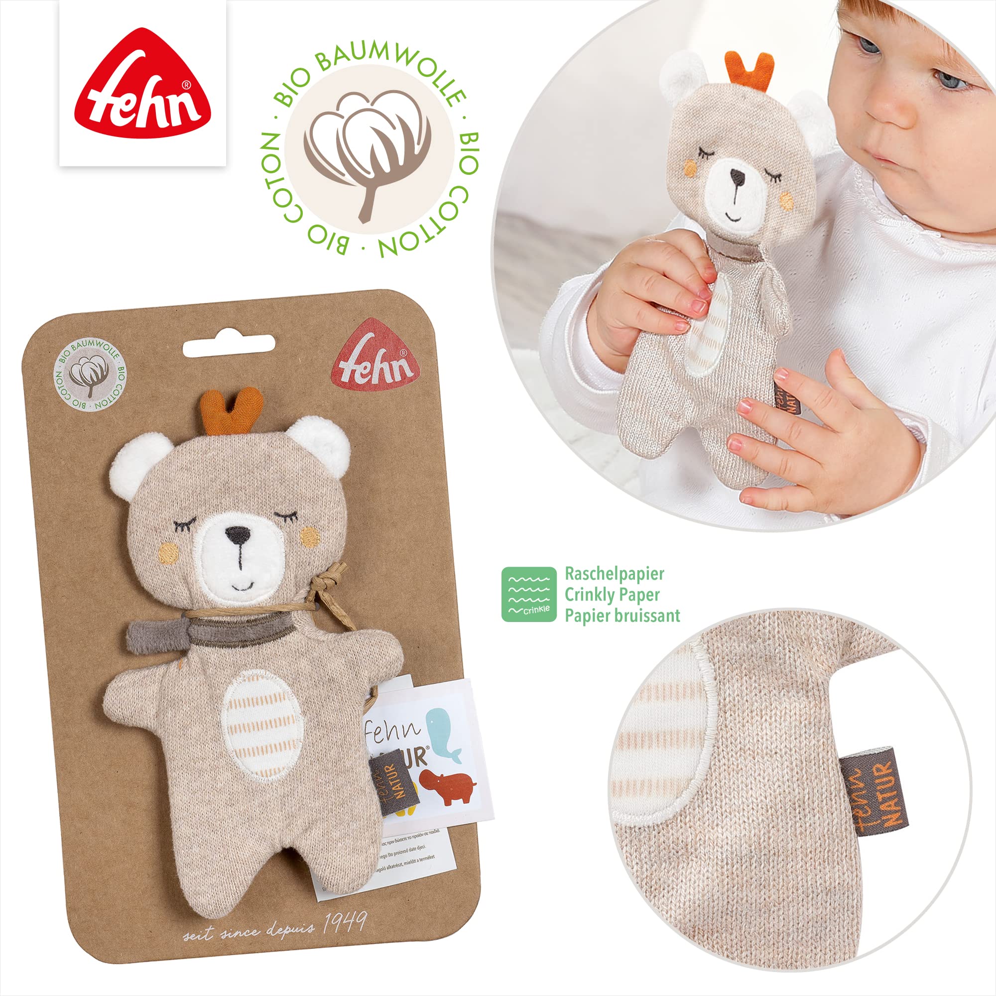 Fehn Knister Teddybär fehnNATUR - Activity Baby Raschel Spielzeug aus Baumwolle aus biologischem Anbau - zum Greifen und Spielen - Babyspielzeug - Motorikspielzeug für Kleinkinder ab 0+ Monaten - Image 4