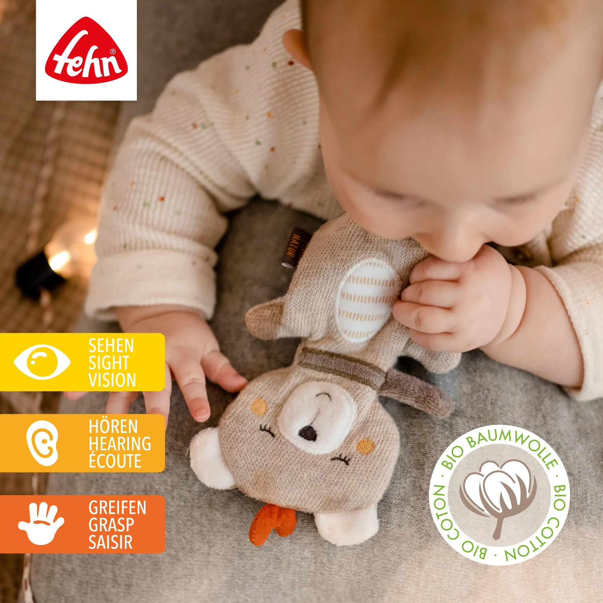 Fehn Knister Teddybär fehnNATUR - Activity Baby Raschel Spielzeug aus Baumwolle aus biologischem Anbau - zum Greifen und Spielen - Babyspielzeug - Motorikspielzeug für Kleinkinder ab 0+ Monaten - Image 6