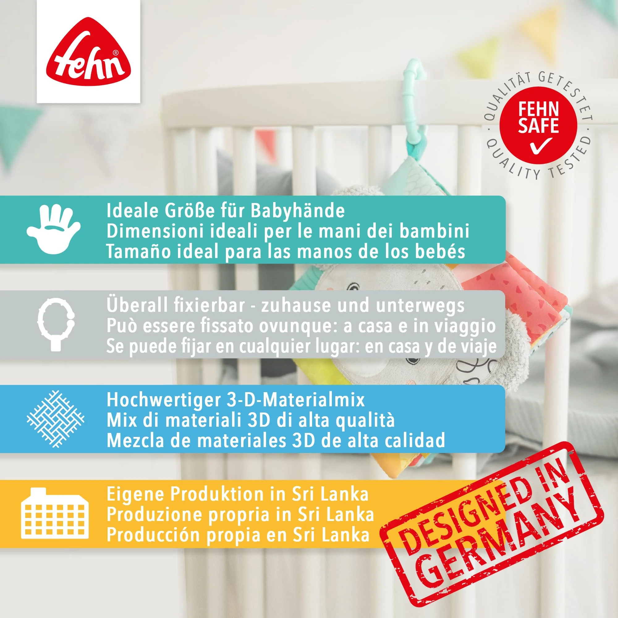 Fehn Soft Bilderbuch Bruno – Baby Fühlbuch aus Stoff mit Tier Motiven - Stoffbuch Spielzeug zum Aufhängen für Kinderwagen und Babyschale – Knisterbuch für Babys und Kinder ab 0+ Monaten - Image 2