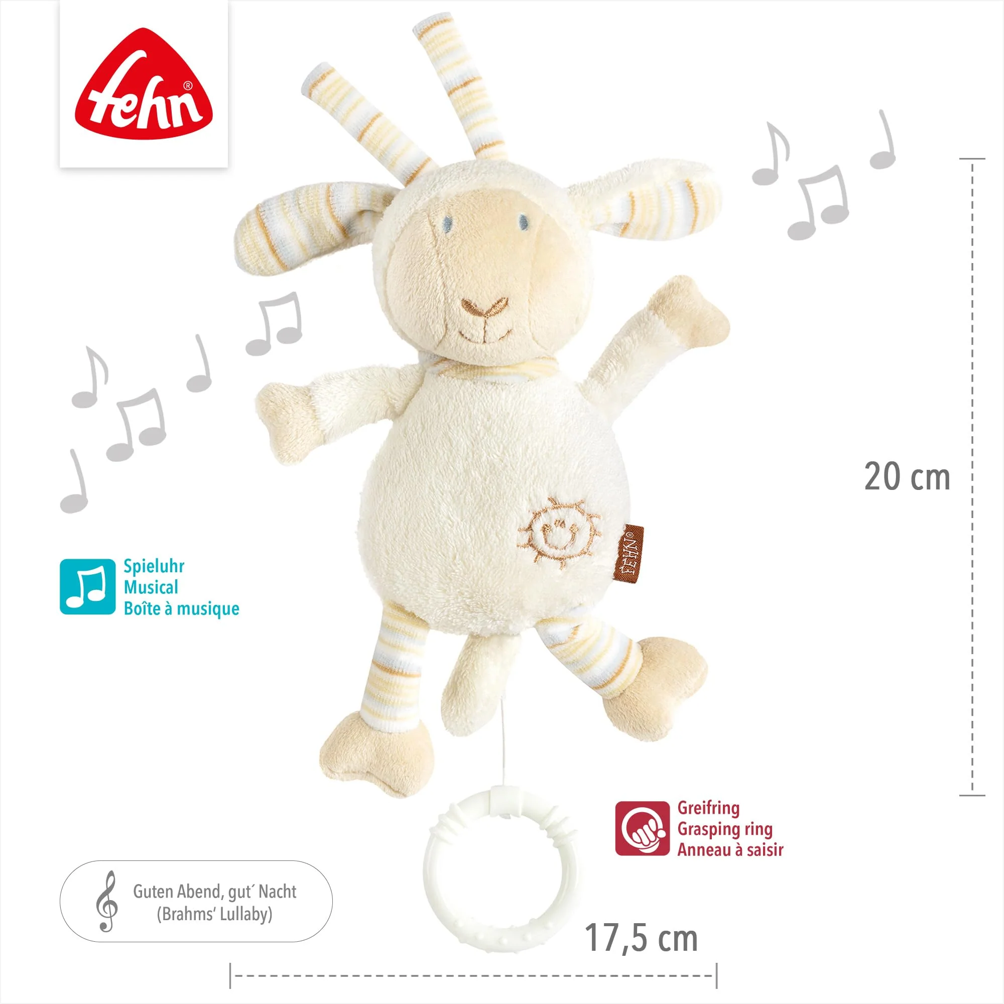 Fehn Spieluhr Baby Einschlafhilfe Schaf - Kuscheltier mit Befestigung - Einschlafhilfe Melodie Brahms Wiegenlied - Babyspielzeug für Unterwegs & Zuhause - Musikspielzeug für Babys & Kinder - Image 3