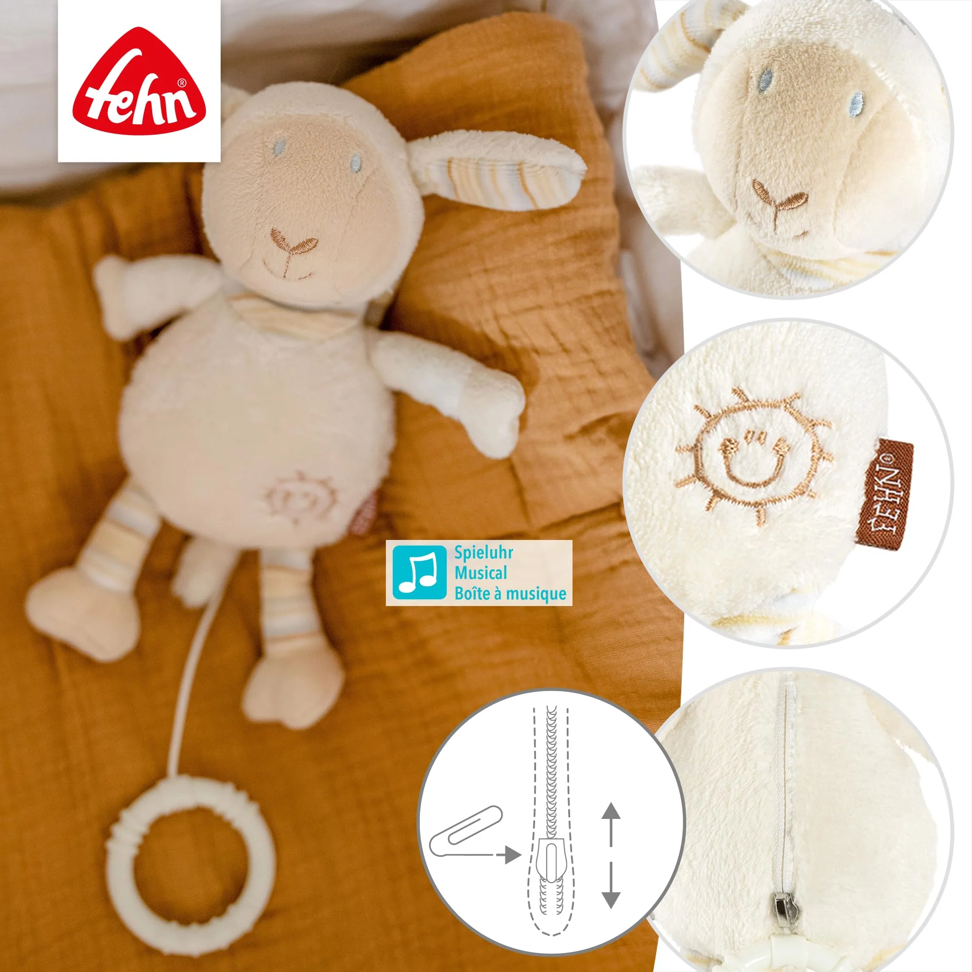 Fehn Spieluhr Baby Einschlafhilfe Schaf - Kuscheltier mit Befestigung - Einschlafhilfe Melodie Brahms Wiegenlied - Babyspielzeug für Unterwegs & Zuhause - Musikspielzeug für Babys & Kinder - Image 4