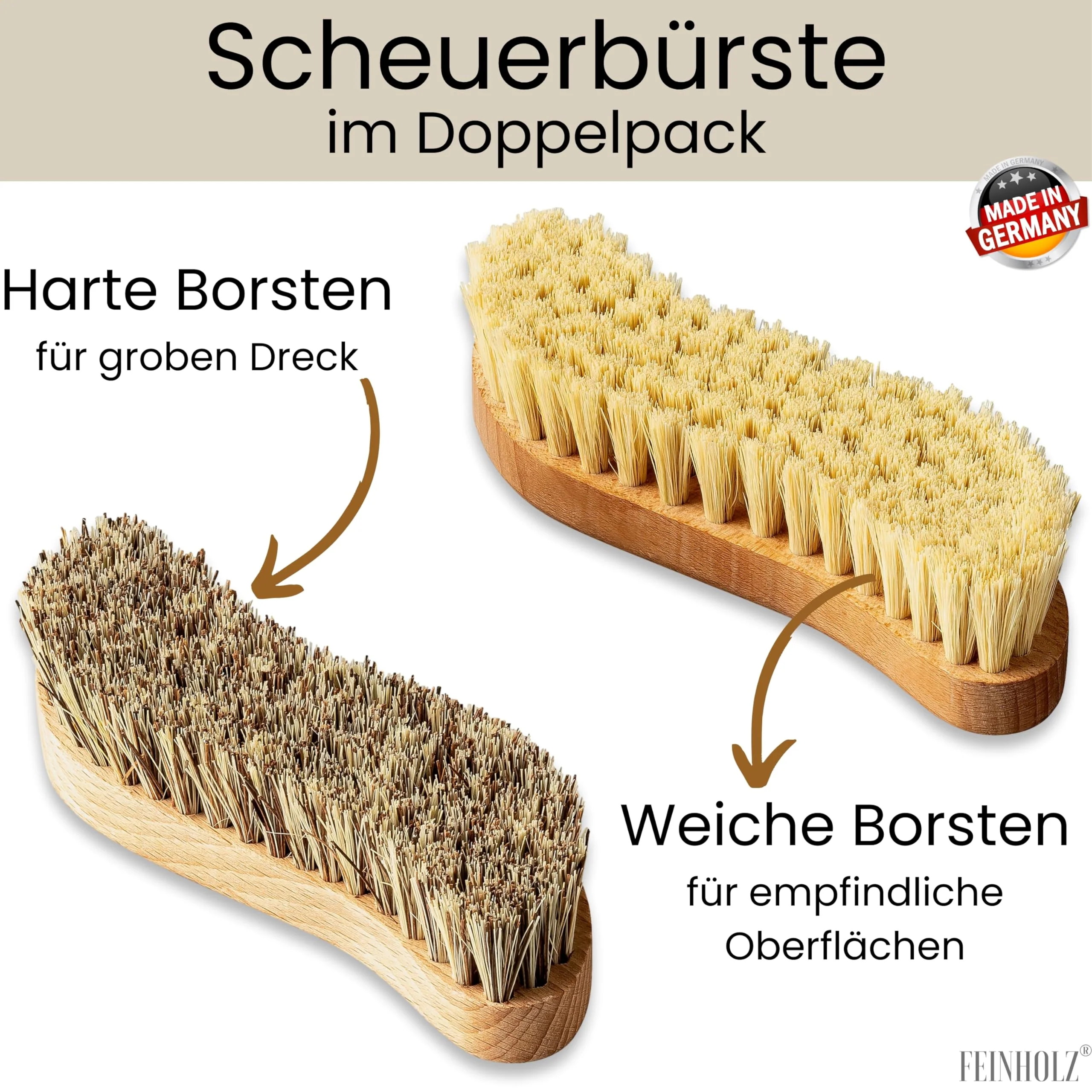 FEINHOLZ® 2er Set Wurzelbürste mit Naturborsten hart & weich, plastikfrei Made in Germany, Reinigungsbürste, Scheuerbürste, Teppichbürste, Putzbürste, Schrubber, Bürste Reinigung, Cleaning Brush - Image 4