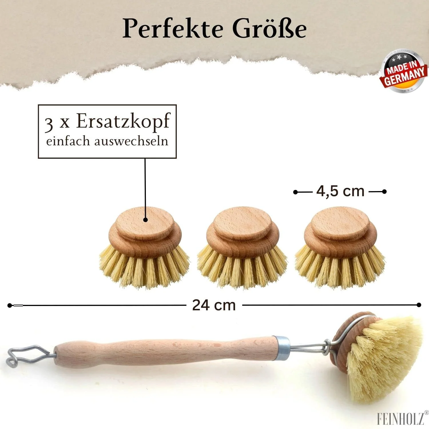 FEINHOLZ Spülbürste Holz mit Wechselkopf im 4er Set mit Naturborsten • Made in Germany • nachhaltige Spülbürsten Holz mit 3 x Ersatzkopf • Abwaschbürste, Geschirrbürste, Küchenbürste, Bürste Küche - Image 2