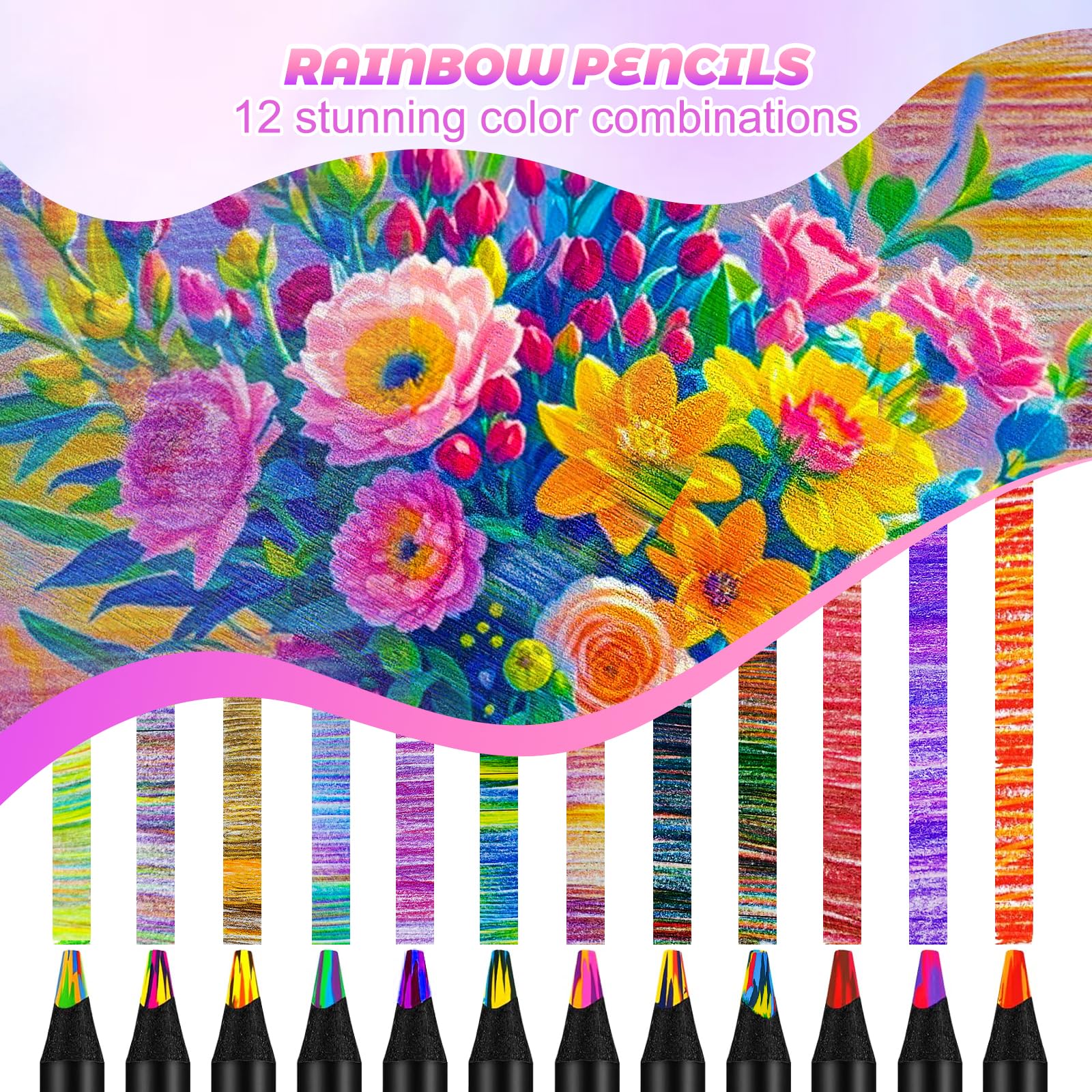 FeinKulturia Regenbogenstifte 12 Mehrfarbiger Buntstift Jumbo, Einschulung Mädchen, Stifte Kinder Erwachsene Geschenk für Zeichnen Künstlerbedarf Bastelset Mitgebsel Kindergeburtstag Schultüte Füllung - Image 5