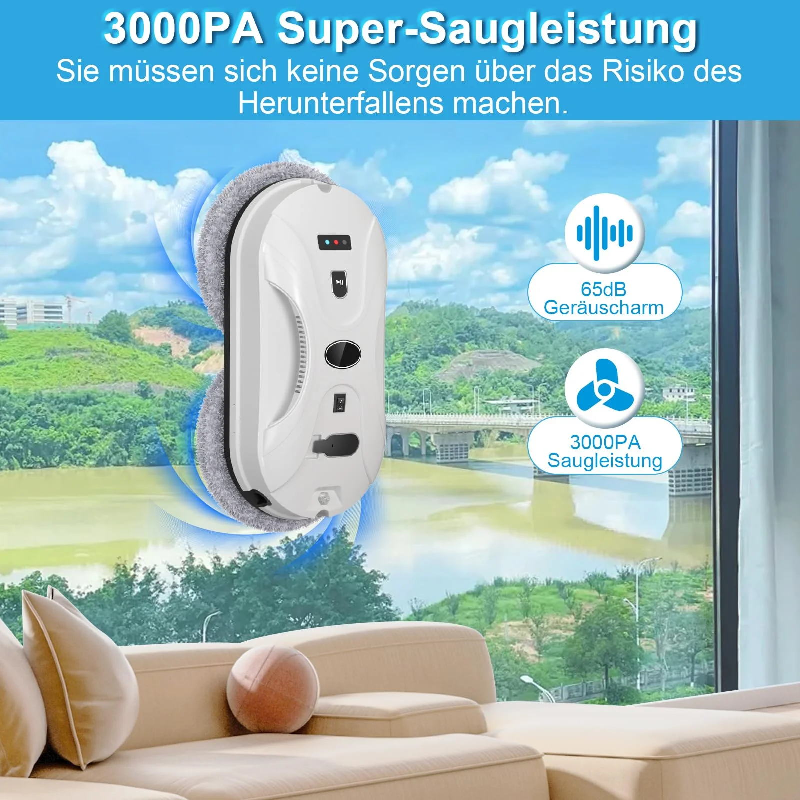 Fenster Roboter, Window Cleaner Robot, Fensterputzroboter mit Automatischem Wasserstrahl, 3000 Pa Starke Saugkraft Fenster Roboter für alle glatten Oberflächen im Innen- und Außenbereich - Image 5