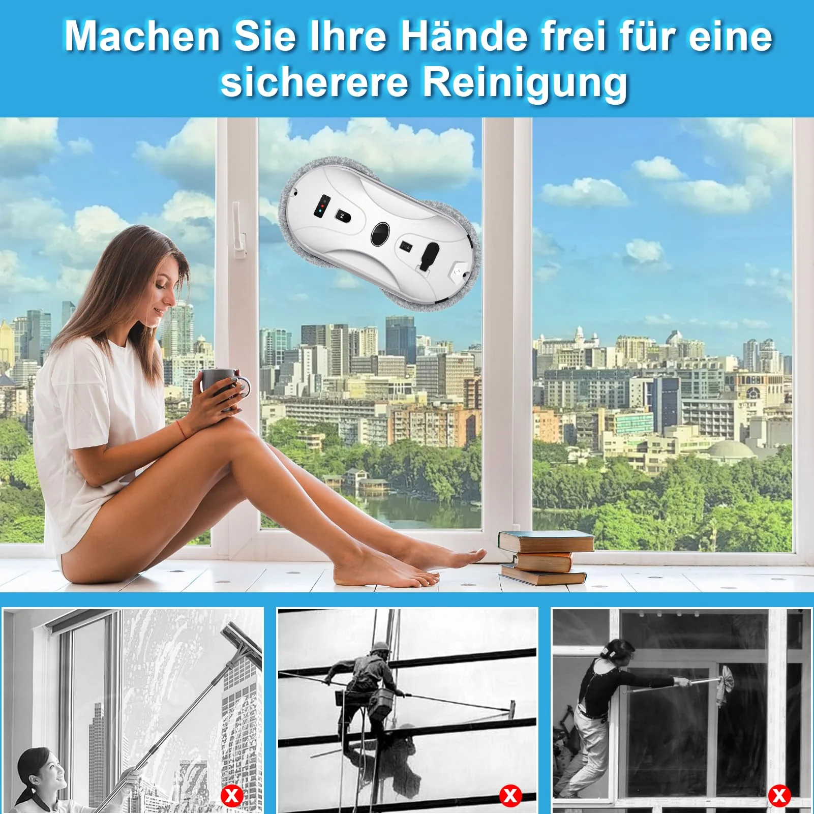 Fenster Roboter, Window Cleaner Robot, Fensterputzroboter mit Automatischem Wasserstrahl, 3000 Pa Starke Saugkraft Fenster Roboter für alle glatten Oberflächen im Innen- und Außenbereich - Image 7