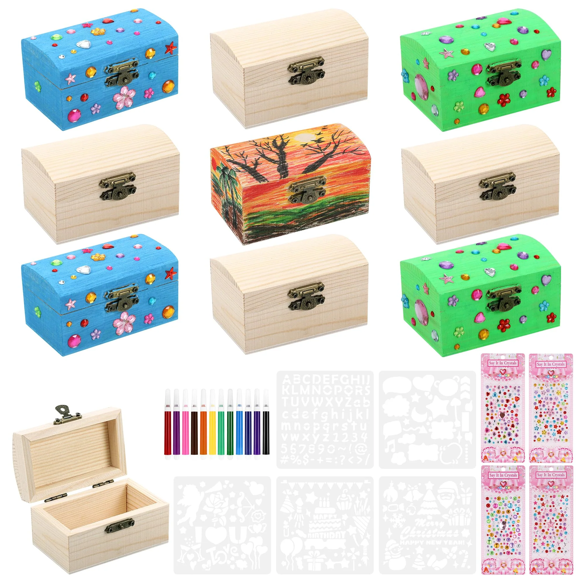 Fentar 10stk Schatztruhe Kindergeburtstag, Schatzkiste Holz Bastelset, Kleine Schatztruhe Kinder, Holzkästchen mit Deckel, Schatzkiste zum Bemalen Kindergeburtstag mit Farbstiften Aufkleber