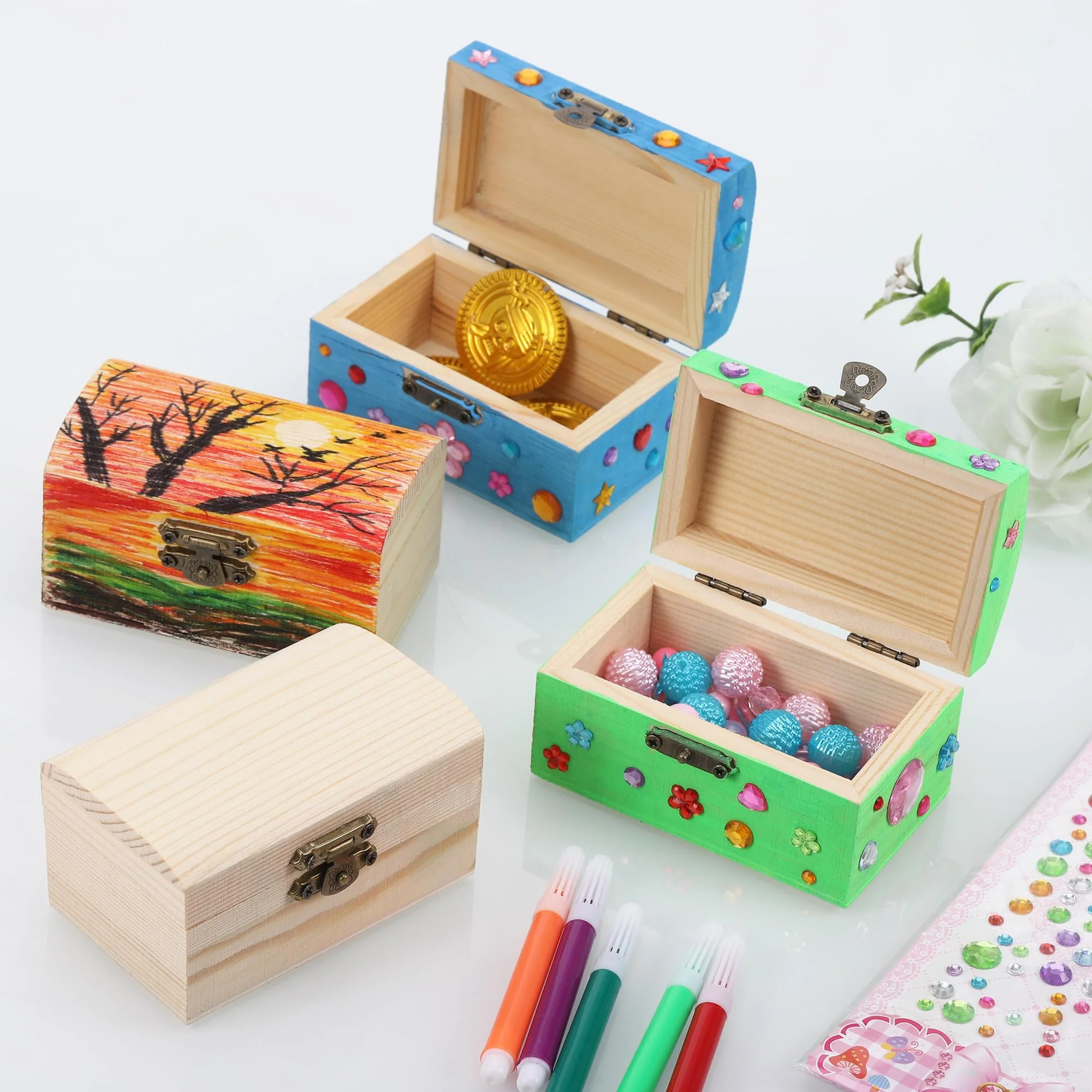 Fentar 10stk Schatztruhe Kindergeburtstag, Schatzkiste Holz Bastelset, Kleine Schatztruhe Kinder, Holzkästchen mit Deckel, Schatzkiste zum Bemalen Kindergeburtstag mit Farbstiften Aufkleber - Image 4