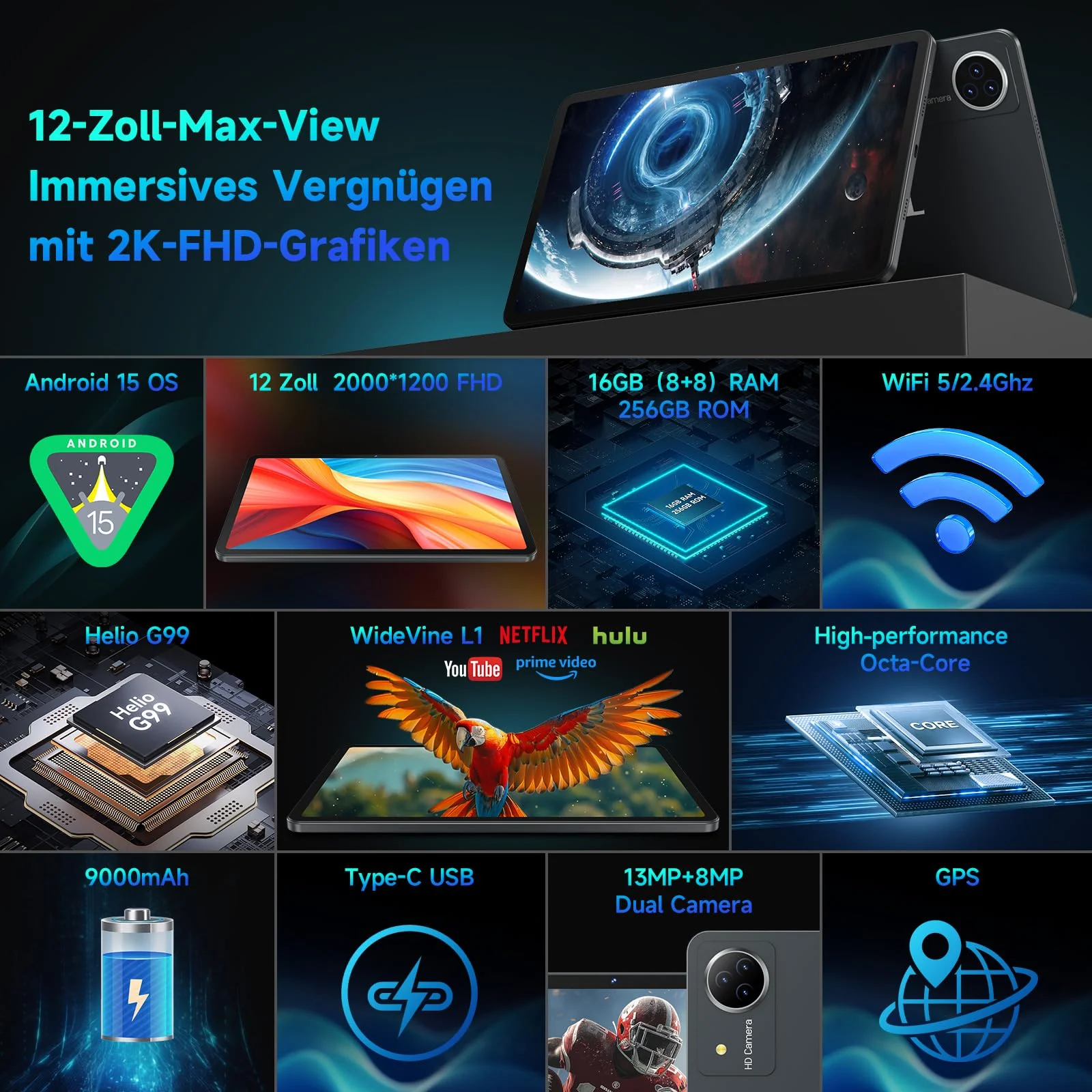 FEONAL Android 15 Tablet 12 Zoll 2K Display Helio G99 Gaming Tablet mit Tastatur/Stift/Maus, Gemini AI, 16(8+8) GB RAM+256GB ROM (2TB TF), 5G WiFi Tablets-PC, 21MP/9000mAh/Widevine L1/GPS/BT5 - Grau - Image 10