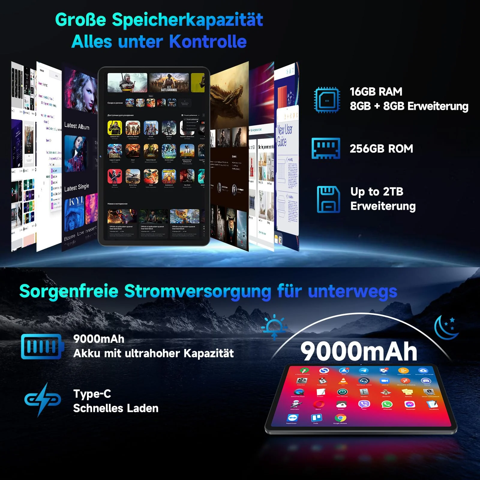 FEONAL Android 15 Tablet 12 Zoll 2K Display Helio G99 Gaming Tablet mit Tastatur/Stift/Maus, Gemini AI, 16(8+8) GB RAM+256GB ROM (2TB TF), 5G WiFi Tablets-PC, 21MP/9000mAh/Widevine L1/GPS/BT5 - Grau - Image 9