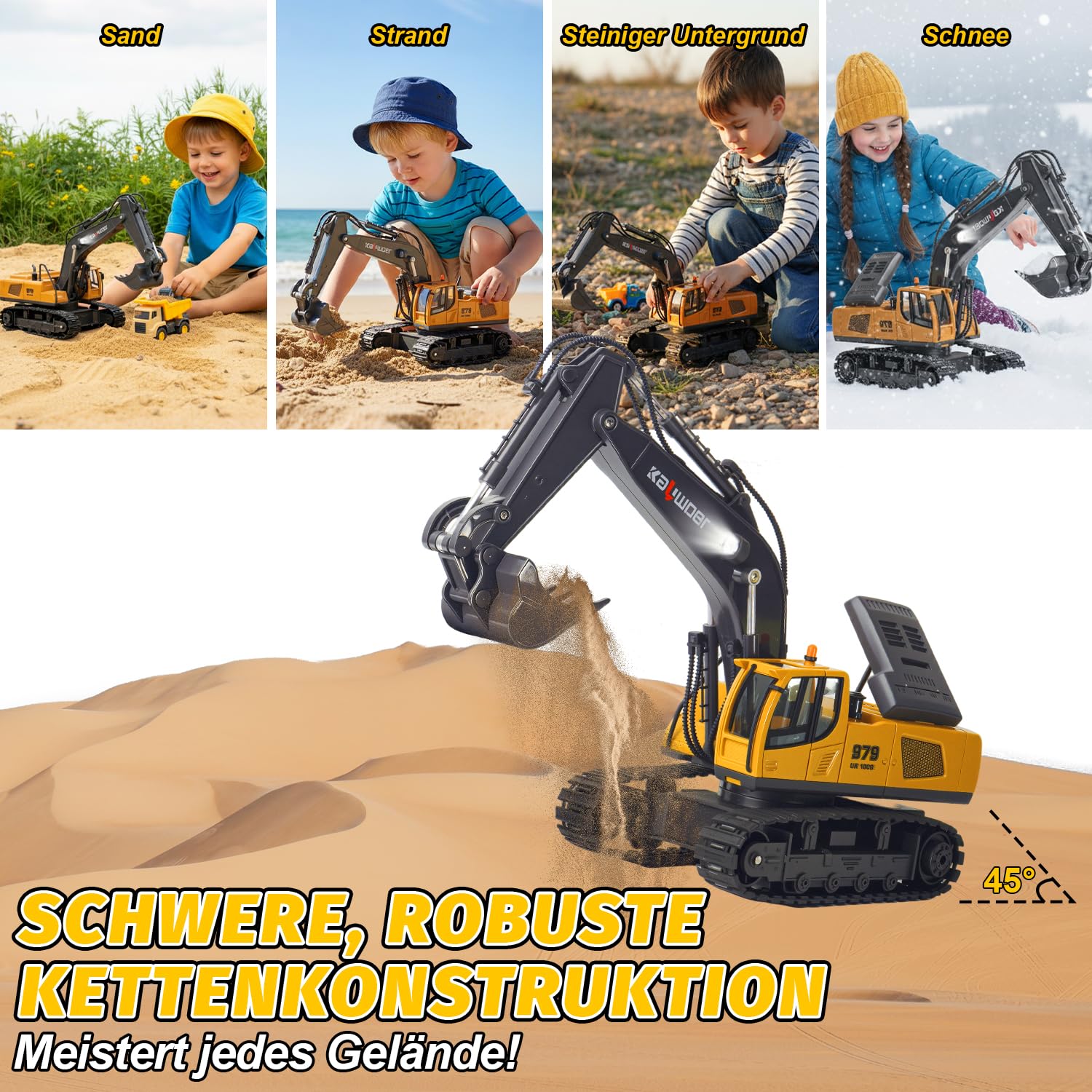 Ferngesteuerter Bagger Ferngesteuert ab 3 4 6 8 Jahre, 1:18 11 Kanäle bagger mit Fernbedienung, Schaufel und LED-Licht, Raupenbagger Spielzeug für 3 4 6 8 Jahre, Geschenk zum Geburtstag für Kinder - Image 4