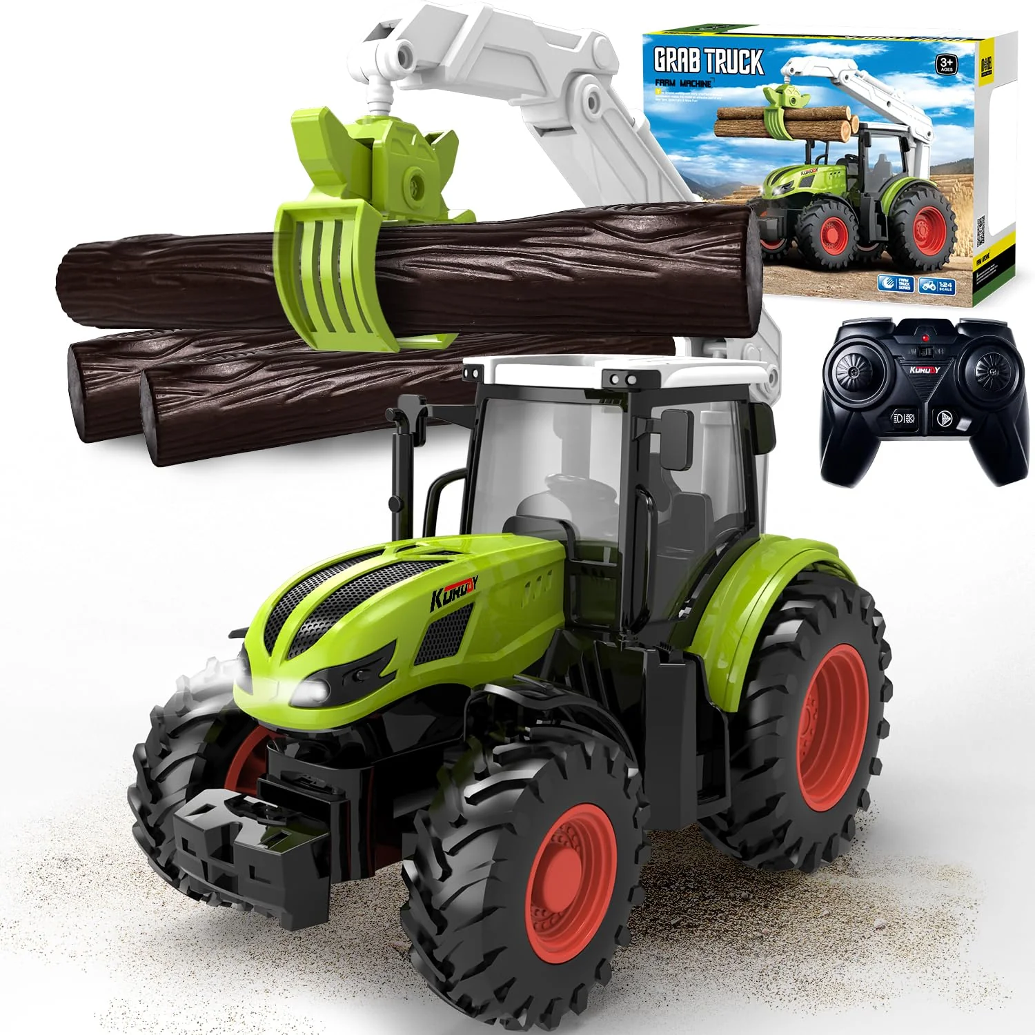 Ferngesteuerter Traktor Ferngesteuert, Traktor Spielzeug ab 3 Jahre, ferngesteuerter traktor ab 3 4 5 Jahre, ferngesteuertes auto ab 3 jahre mit Holzgreifer und 3 Baumstämme