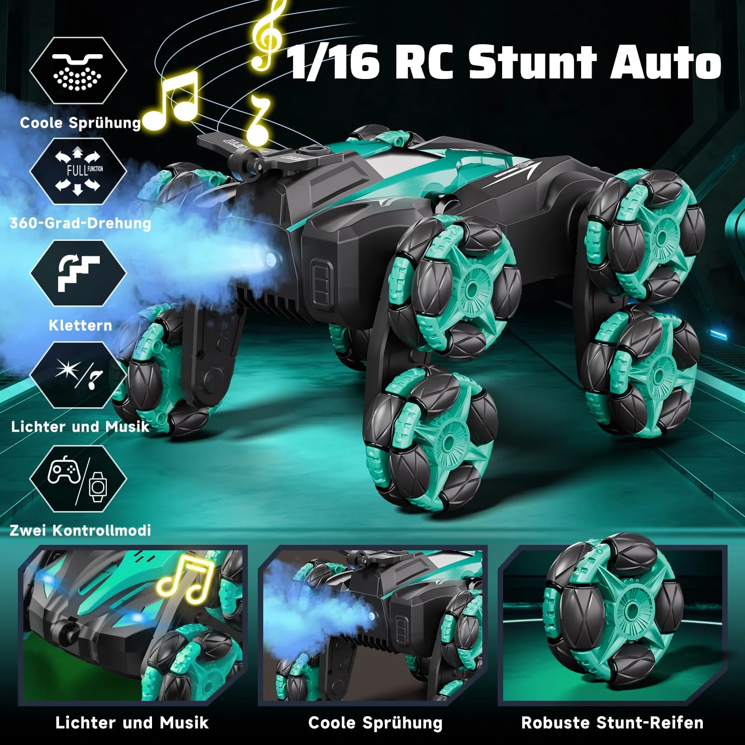 Ferngesteuertes Auto, 1:16 Auto mit Fernbedienung ab 5 6 8 Jahre, 2,4 GHz Stunt Auto Ferngesteuert mit Handsteuerung ab 6 Jahre, 8 Räder, Sprühnebel-LED-Musik, Spielzeug ab 4 5 6 7 8 9 Jahre Junge - Image 6