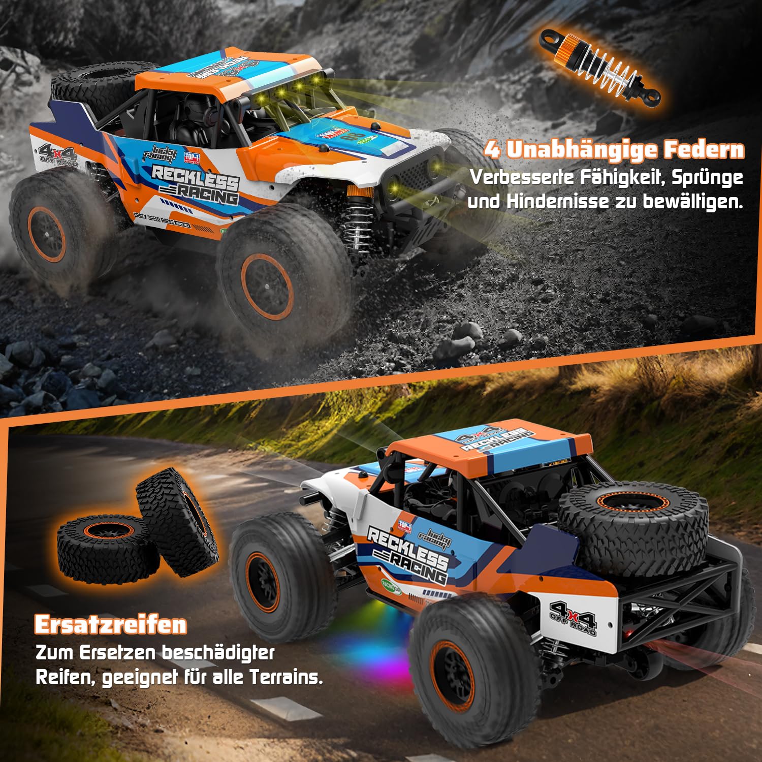 Ferngesteuertes Auto ab 10 Jahre, 32KM/H RC Auto Offroad mit 7 Farben Lichtern, 1/18 RC Monstertruck mit Ersatzreifen, 2.4GHz Monstertruck Ferngesteuert für Kinder Erwachsene, 4WD RTR All Terrain - Image 2