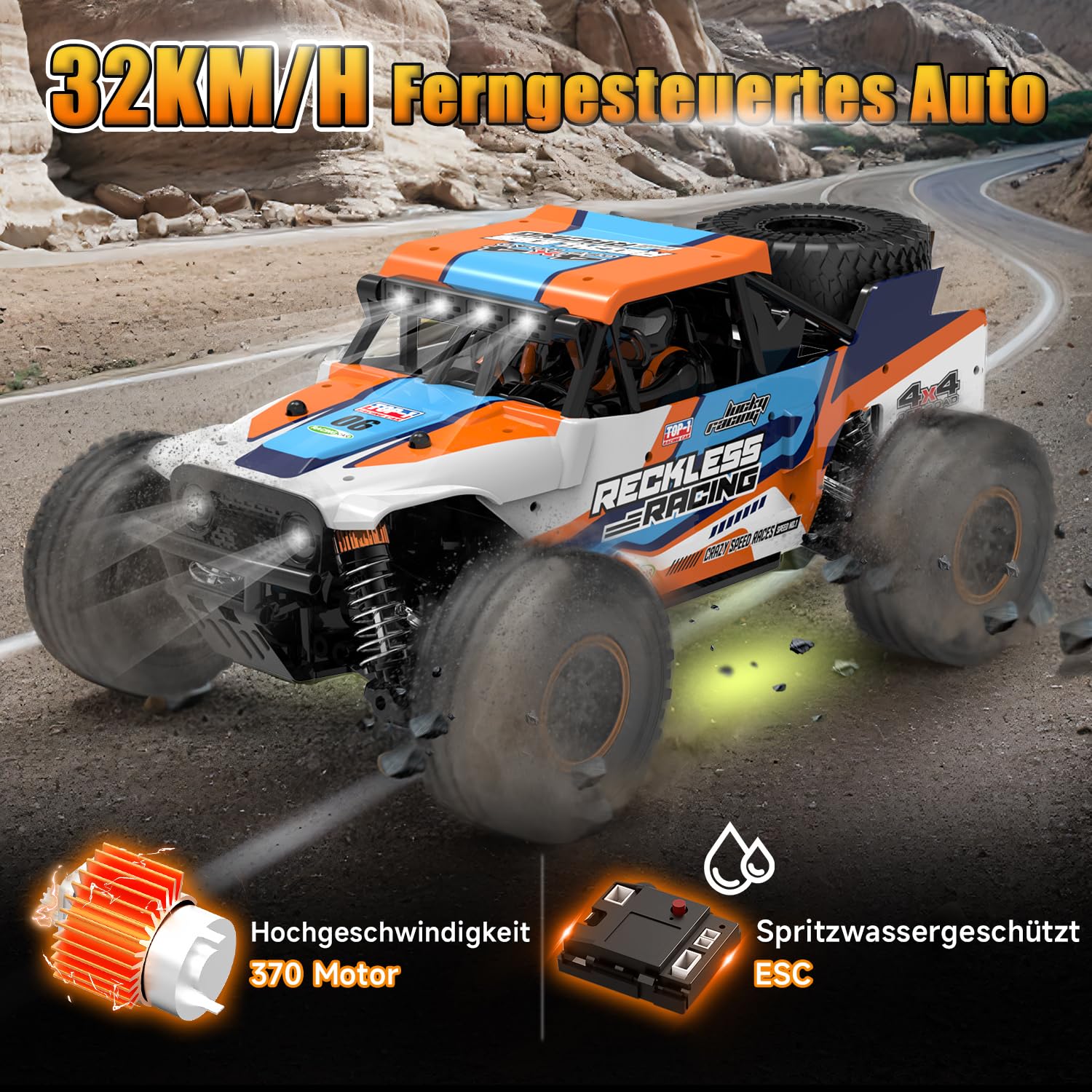 Ferngesteuertes Auto ab 10 Jahre, 32KM/H RC Auto Offroad mit 7 Farben Lichtern, 1/18 RC Monstertruck mit Ersatzreifen, 2.4GHz Monstertruck Ferngesteuert für Kinder Erwachsene, 4WD RTR All Terrain - Image 3