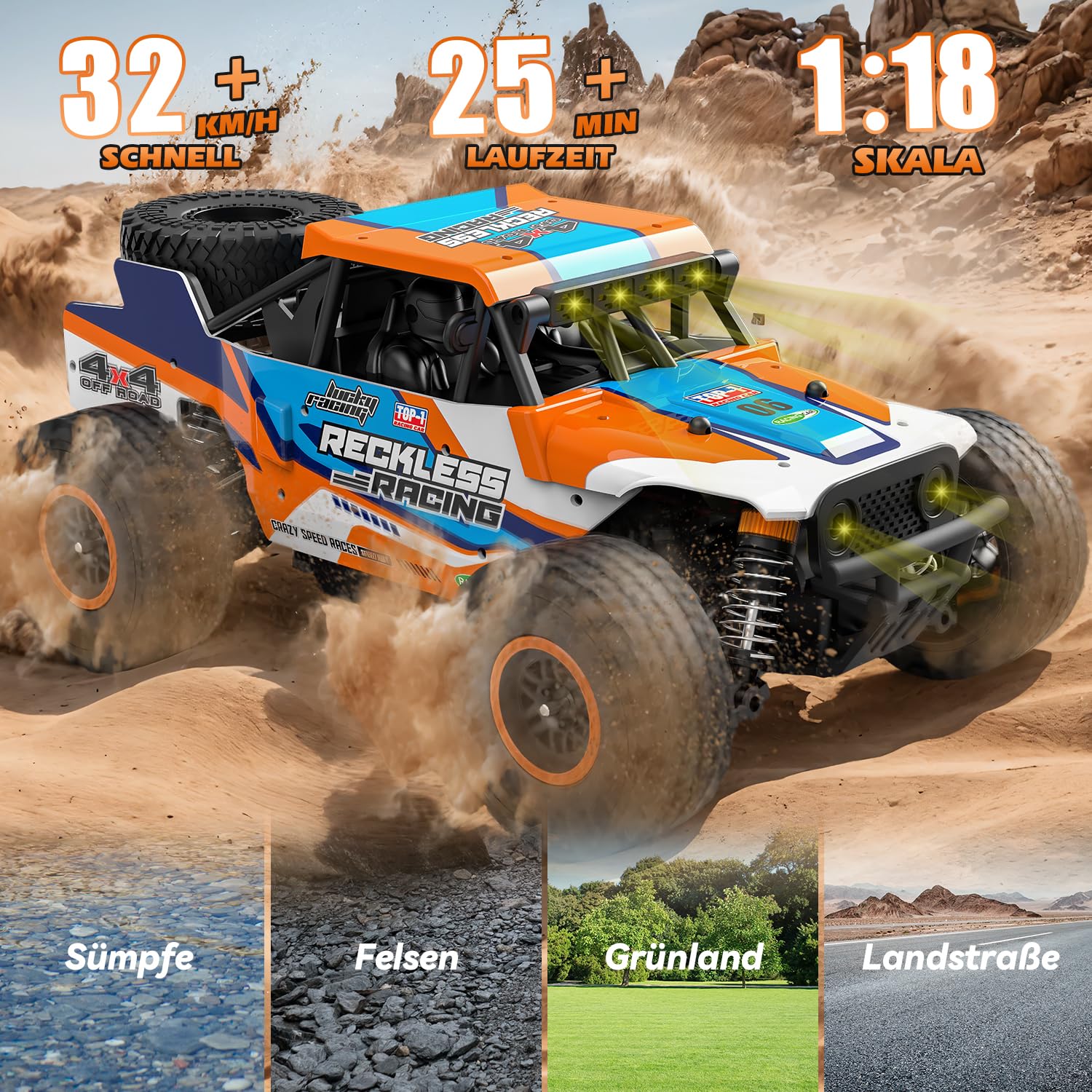 Ferngesteuertes Auto ab 10 Jahre, 32KM/H RC Auto Offroad mit 7 Farben Lichtern, 1/18 RC Monstertruck mit Ersatzreifen, 2.4GHz Monstertruck Ferngesteuert für Kinder Erwachsene, 4WD RTR All Terrain - Image 6