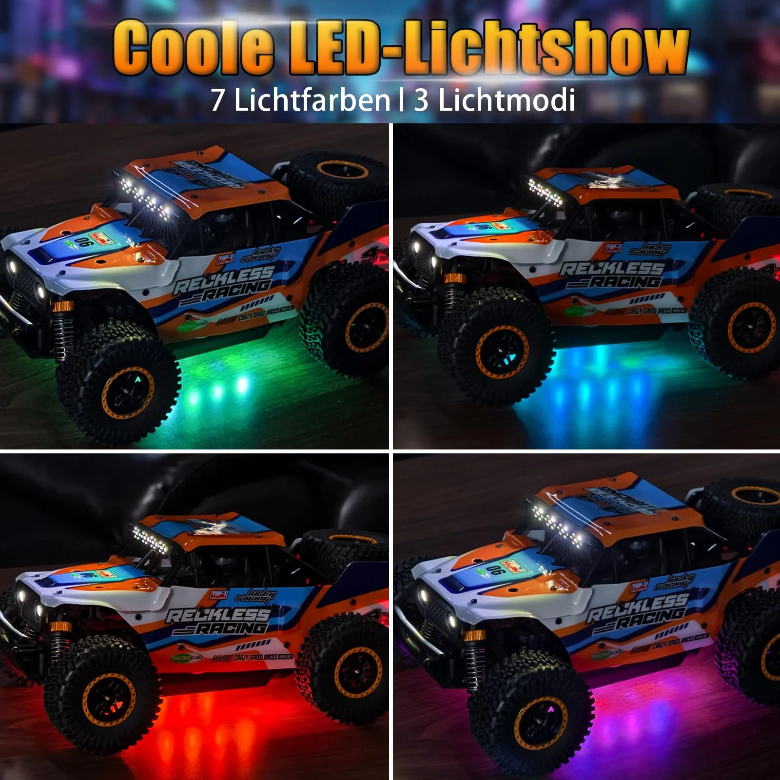 Ferngesteuertes Auto ab 10 Jahre, 32KM/H RC Auto Offroad mit 7 Farben Lichtern, 1/18 RC Monstertruck mit Ersatzreifen, 2.4GHz Monstertruck Ferngesteuert für Kinder Erwachsene, 4WD RTR All Terrain - Image 7