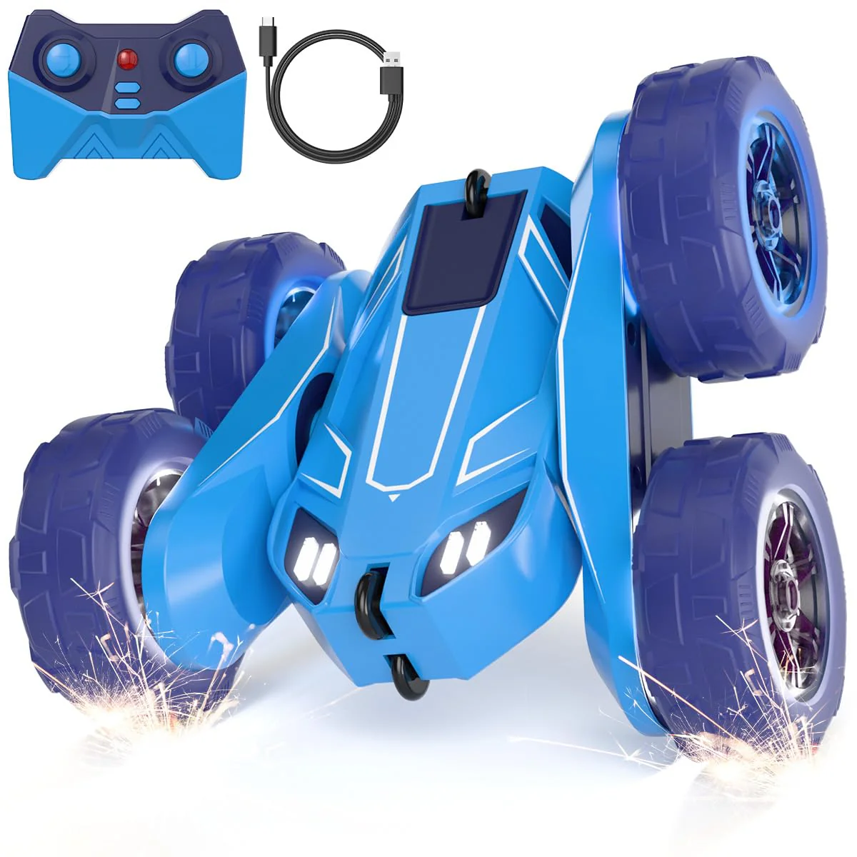 Ferngesteuertes Auto, Direktladung Exklusiv Dual-USB-C-Ladung mit LED Einstellbar, 2,4G 360° Stunt Flips & Kippschutz RC Kinderspielzeug 15km/h 4WD für Kinder 3-12 Jahre Weihnachten Feiertagsgeschenk