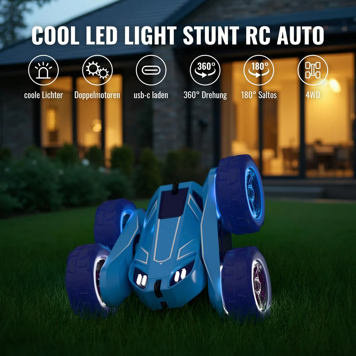 Ferngesteuertes Auto, Direktladung Exklusiv Dual-USB-C-Ladung mit LED Einstellbar, 2,4G 360° Stunt Flips & Kippschutz RC Kinderspielzeug 15km/h 4WD für Kinder 3-12 Jahre Weihnachten Feiertagsgeschenk - Image 4