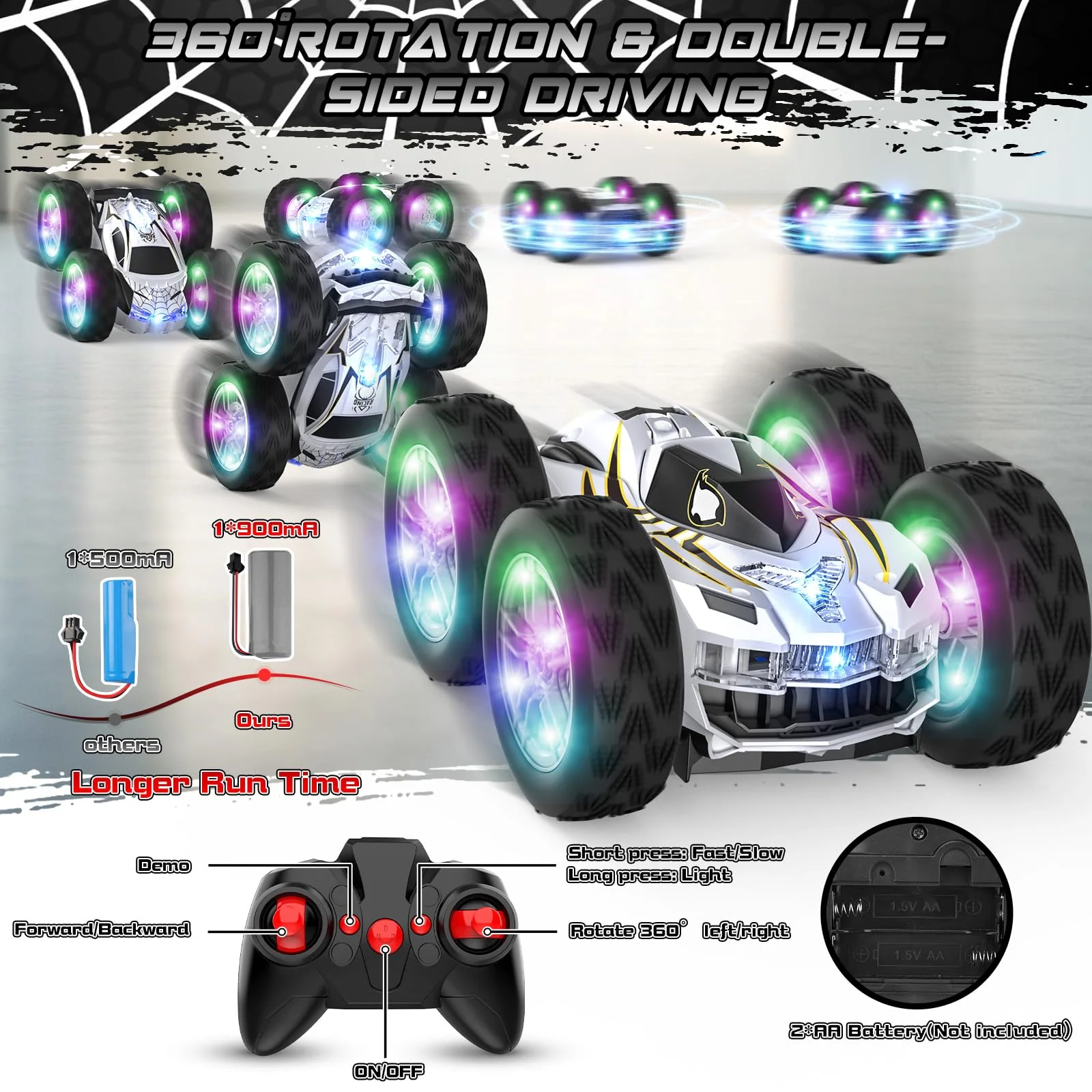 Ferngesteuertes Auto für Kinder ab 3 4 5 6 7 8 9 Jahren, 2.4GHz Spider RC Stunt Auto Wiederaufladbares Monstertruck mit LED Blinken, 360° Drehung Spielzeugauto Geburtstags Geschenk Jungen Mädchen - Image 4
