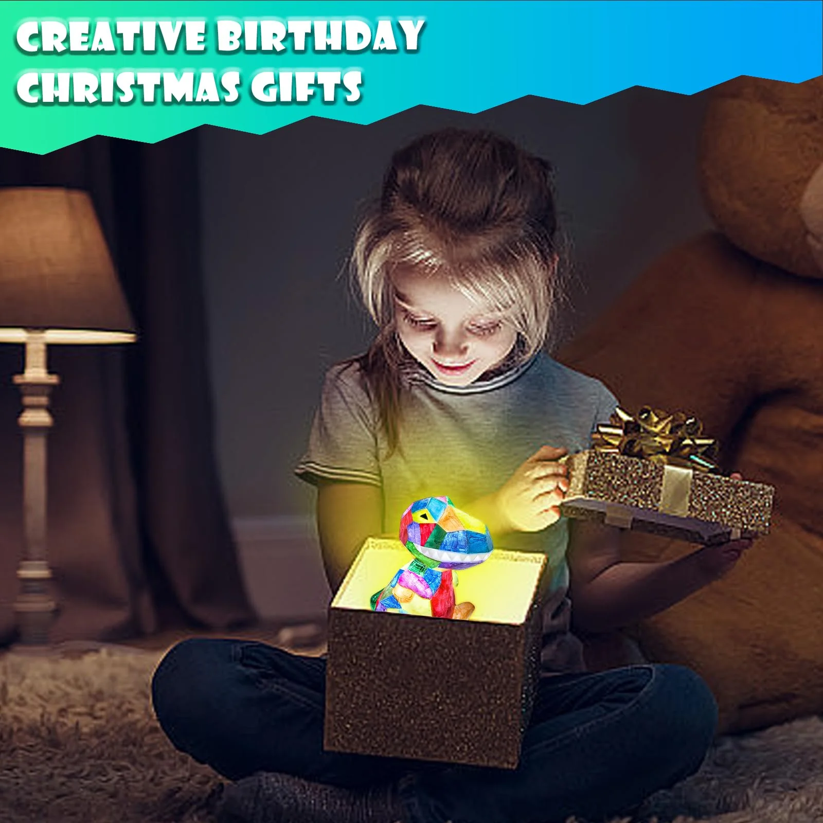 FGZU DIY Dino Lampe Basteln für Mädchen ab 4 5 6 7 8 Jahre, Kunsthandwerk für Mädchen und Jungen, Bastelsets Kinder, Spielzeug Kreatives Geschenke für Kinder im Alter 6–12 Jahren (Dino-Lampe) - Image 2