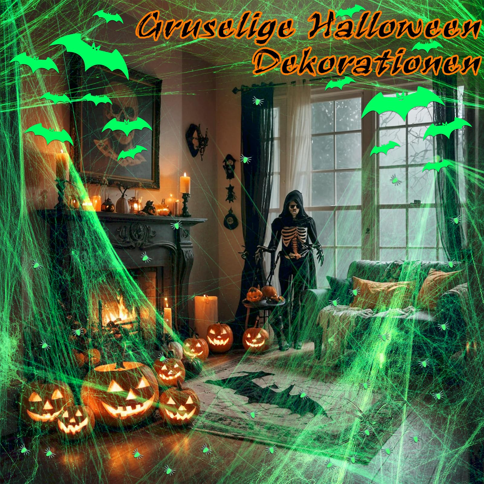 FHzytg Halloween Deko, Spinnennetz Leuchtend 100g mit 30 Stück Spinnen und 15 Stück 3D Fledermaus Wandsticker, Leuchtende Spinnennetz Halloween Spinne Deko - Image 2