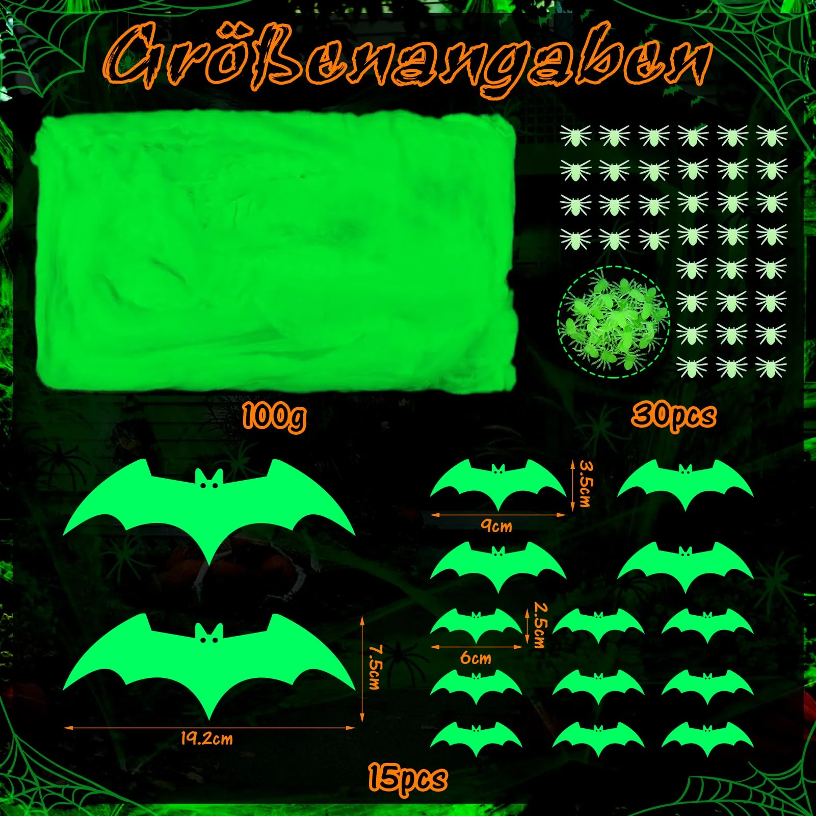 FHzytg Halloween Deko, Spinnennetz Leuchtend 100g mit 30 Stück Spinnen und 15 Stück 3D Fledermaus Wandsticker, Leuchtende Spinnennetz Halloween Spinne Deko - Image 5
