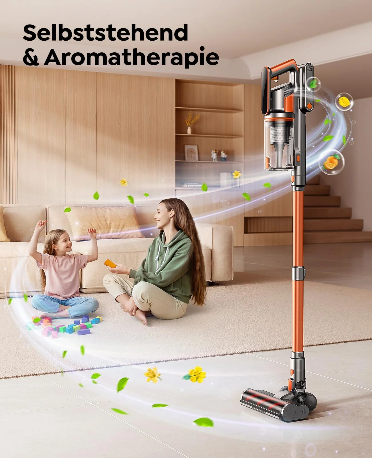 Fieety Akku Staubsauger, 45KPa/550W/60Min Staubsauger Kabellos mit Wandmontierte Ladestation, Aromatherapie, Automatikmodus, Touchscreen, 1M Ausziehbarer Schlauch für Hartböden Teppiche Tierhaare Auto - Image 2