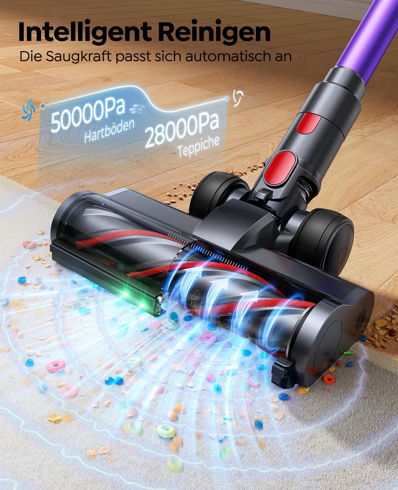 Fieety Akku Staubsauger 600W/50kPa/65Min, Staubsauger Kabellos mit Tierpflegebürste, 1M Schlauch, Wandladestation, 8-Schicht-Filtration Aromatherapie Ultraleise für Tierhaare, Teppich, Hartböden, Auto - Image 4