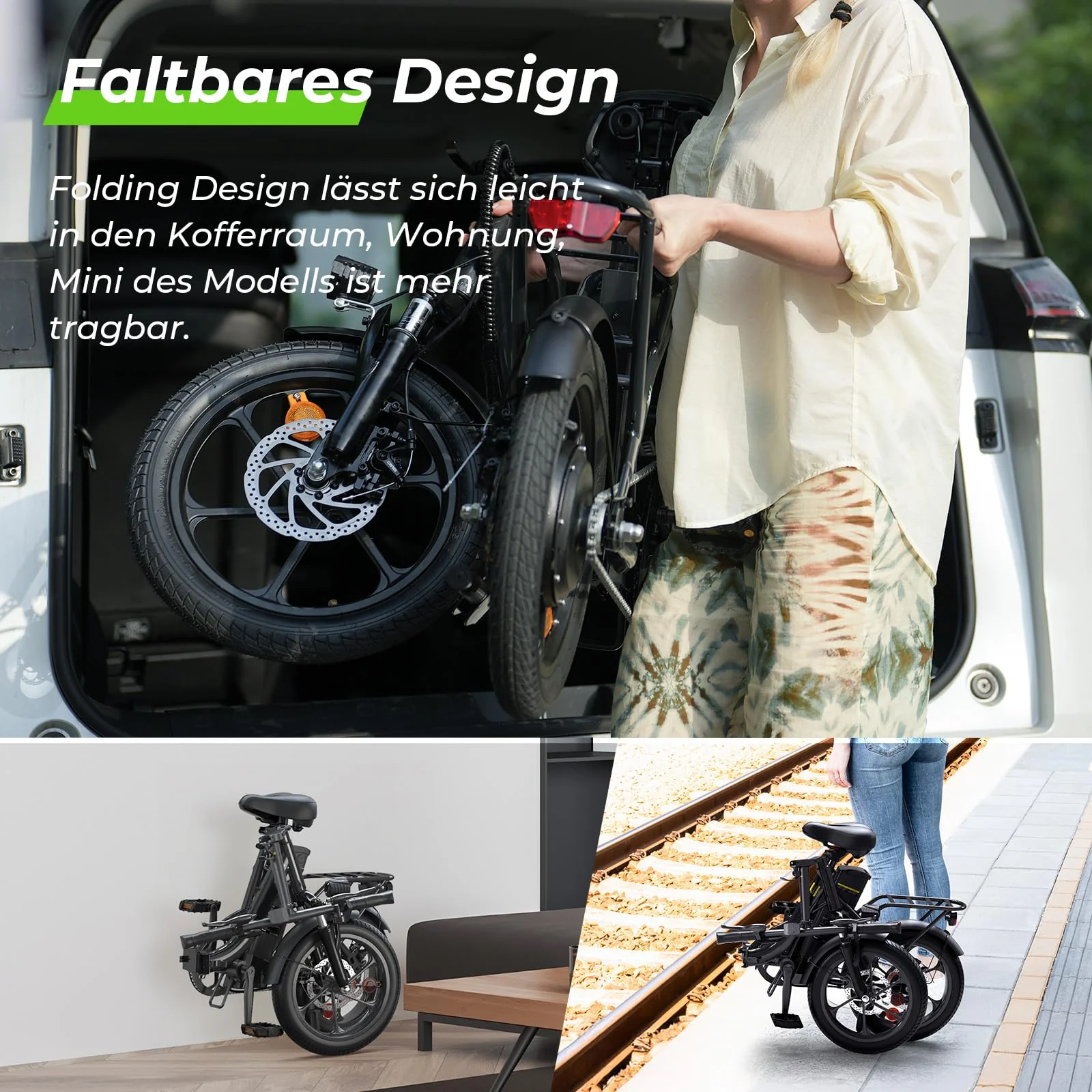 Finbike Klapprad E-Bike 16 * 2.15 Zoll Fat Tire,Tragbares Elektrofahrrad mit 10.4Ah Abnehmbarem Akku,4 Fahrmodi,PAS Reichweite MAX 88KM,Falt-Elektrofahrräder für Herren Damen Pendeln (Schwarz) - Image 3