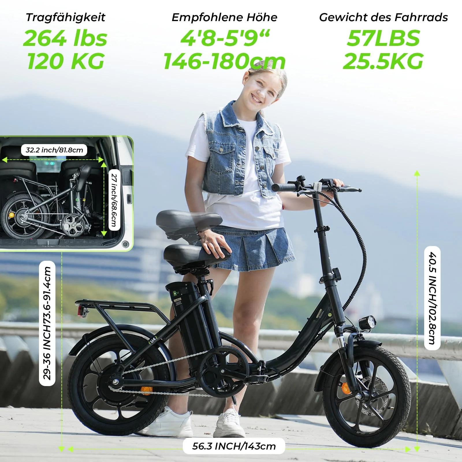 Finbike Klapprad E-Bike 16 * 2.15 Zoll Fat Tire,Tragbares Elektrofahrrad mit 10.4Ah Abnehmbarem Akku,4 Fahrmodi,PAS Reichweite MAX 88KM,Falt-Elektrofahrräder für Herren Damen Pendeln (Schwarz) - Image 8