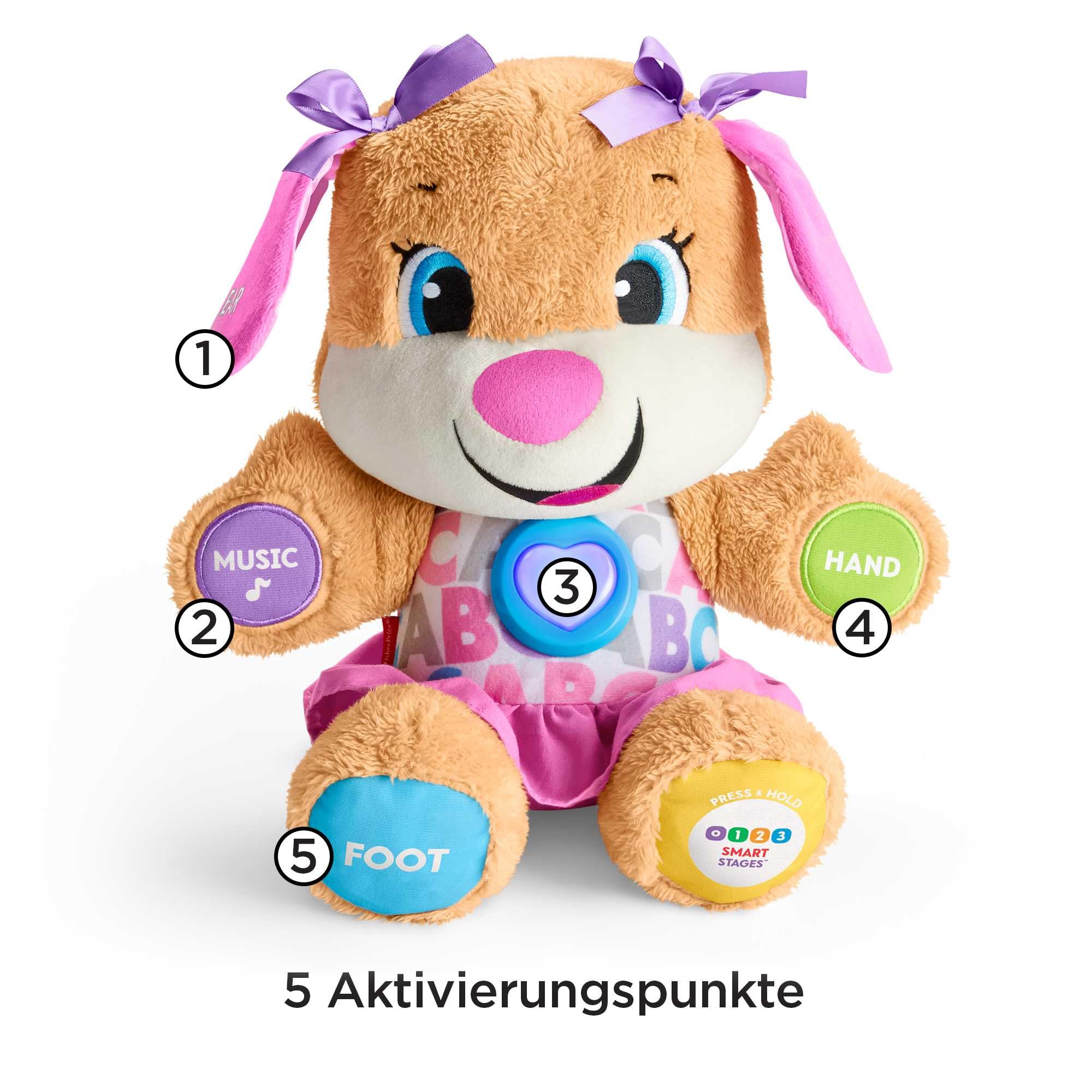 Fisher-Price Lernspaß Hundefreundin, sprechendes, singendes Kuscheltier, Baby Spielzeug ab 6 Monate, Interaktiver Hund Lernspielzeug, Deutsche Version, FPP53 - Image 5
