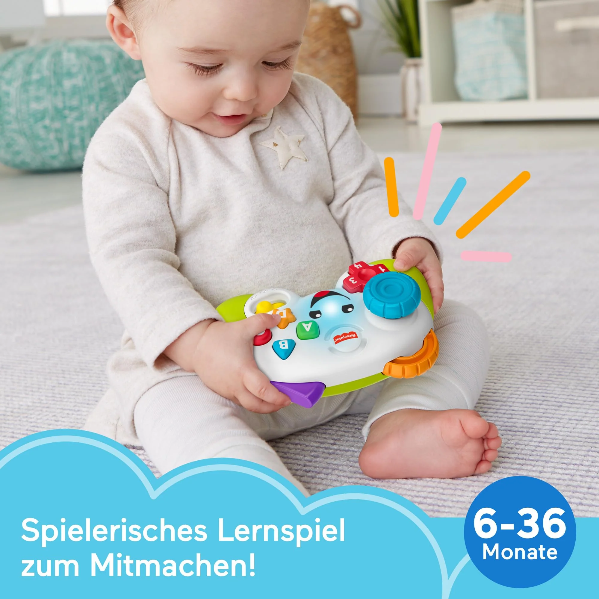 Fisher-Price Lernspaß Spiel-Controller für Babys und Kleinkinder in Grün, Videospiel-Attrappe mit Musik und Leuchtfunktion für Babys ab 6 Monaten, deutsche Version, HXB62 - Image 6