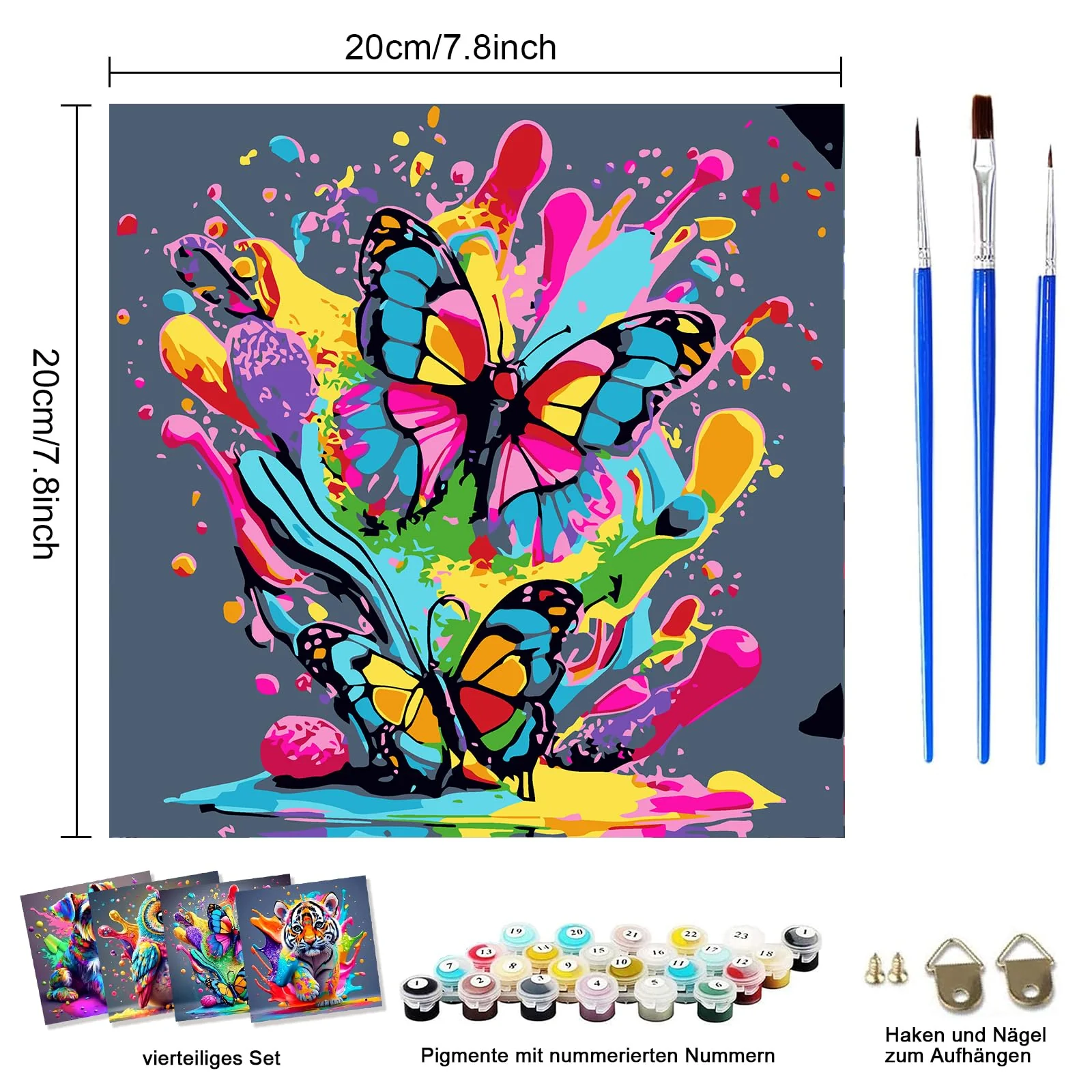 FLAJZ Malen Nach Zahlen Kinder, 4 Stück Tiere Malen Nach Zahlen ab 5 6 7 8 9 10 11 12 Jahre Mädchen und Junge, Farbiges Leinwand Acrylfarben DIY Ölgemälde Set zur Heimdekoration, 20x20cm - Image 6