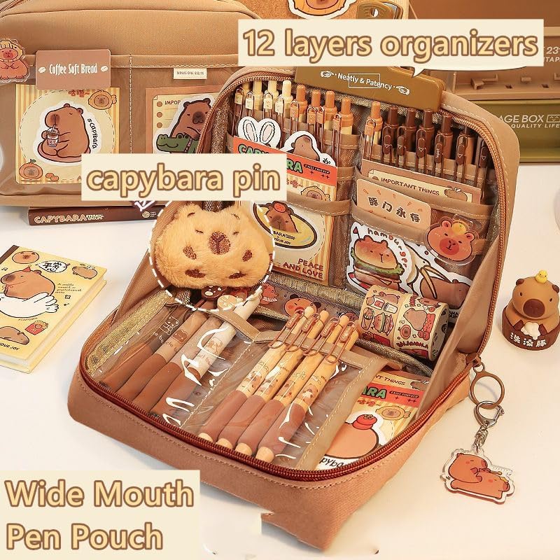 Flanliy Capybara Federmäppchen, 54 Stück Capybara Sachen, Federmäppchen Aesthetic, Capybara Schreibwaren Set mit Stiften, Clips, Linealen und Mehr, Süßes Schreibwaren Geschenkset für Kinder - Image 7